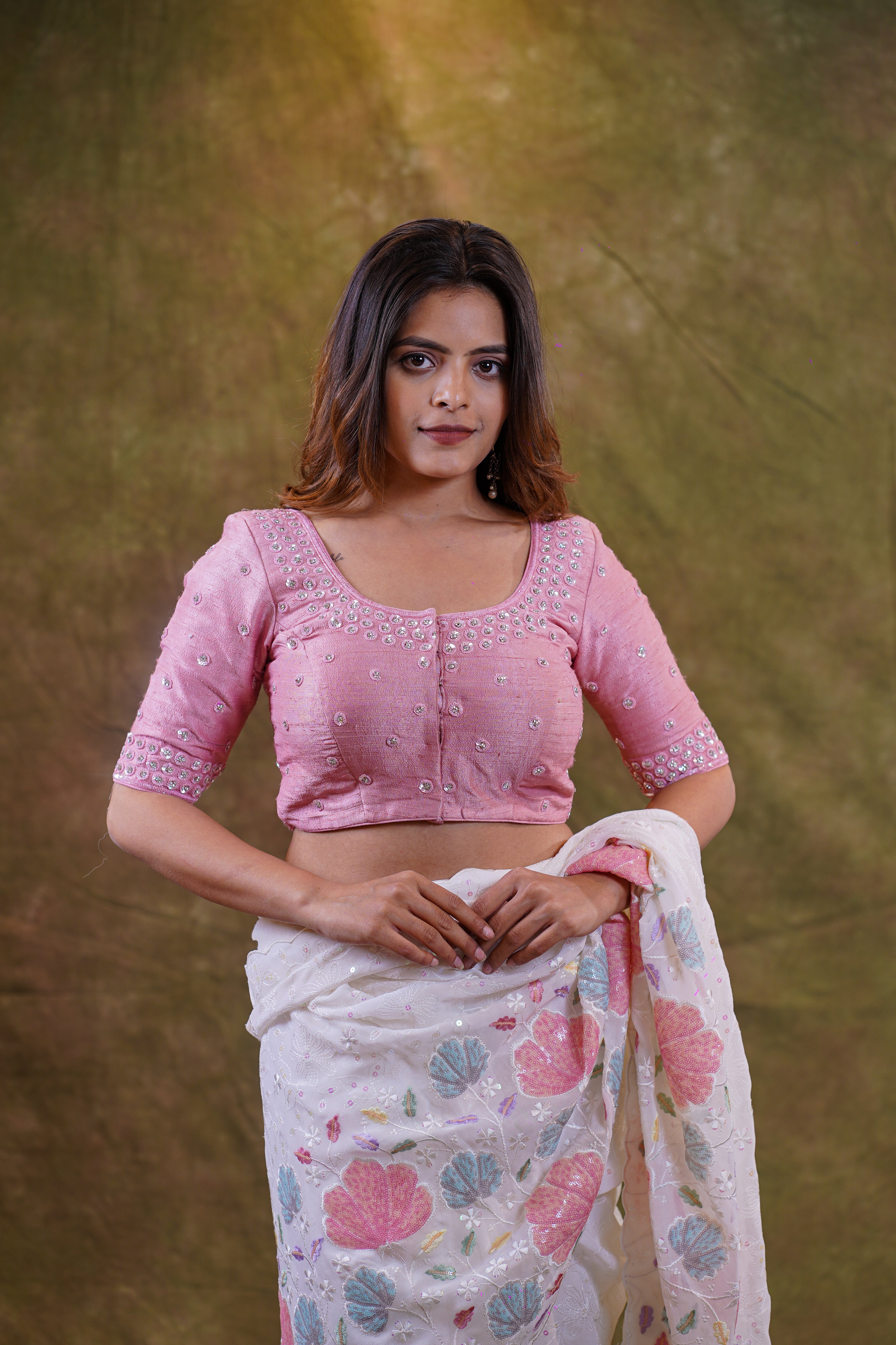 Peachish Pink Blouse with Sequins Embroidery