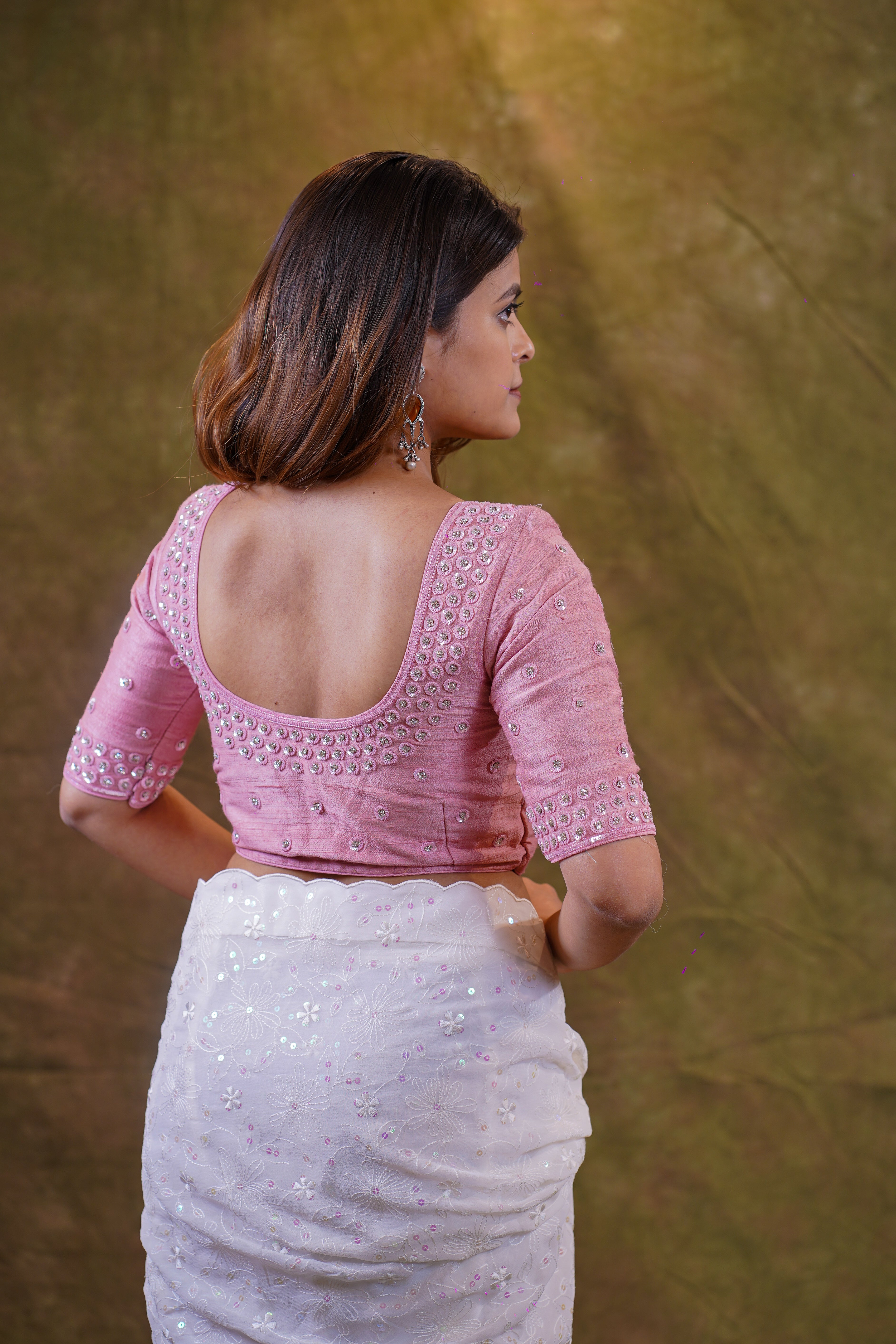 Peachish Pink Blouse with Sequins Embroidery