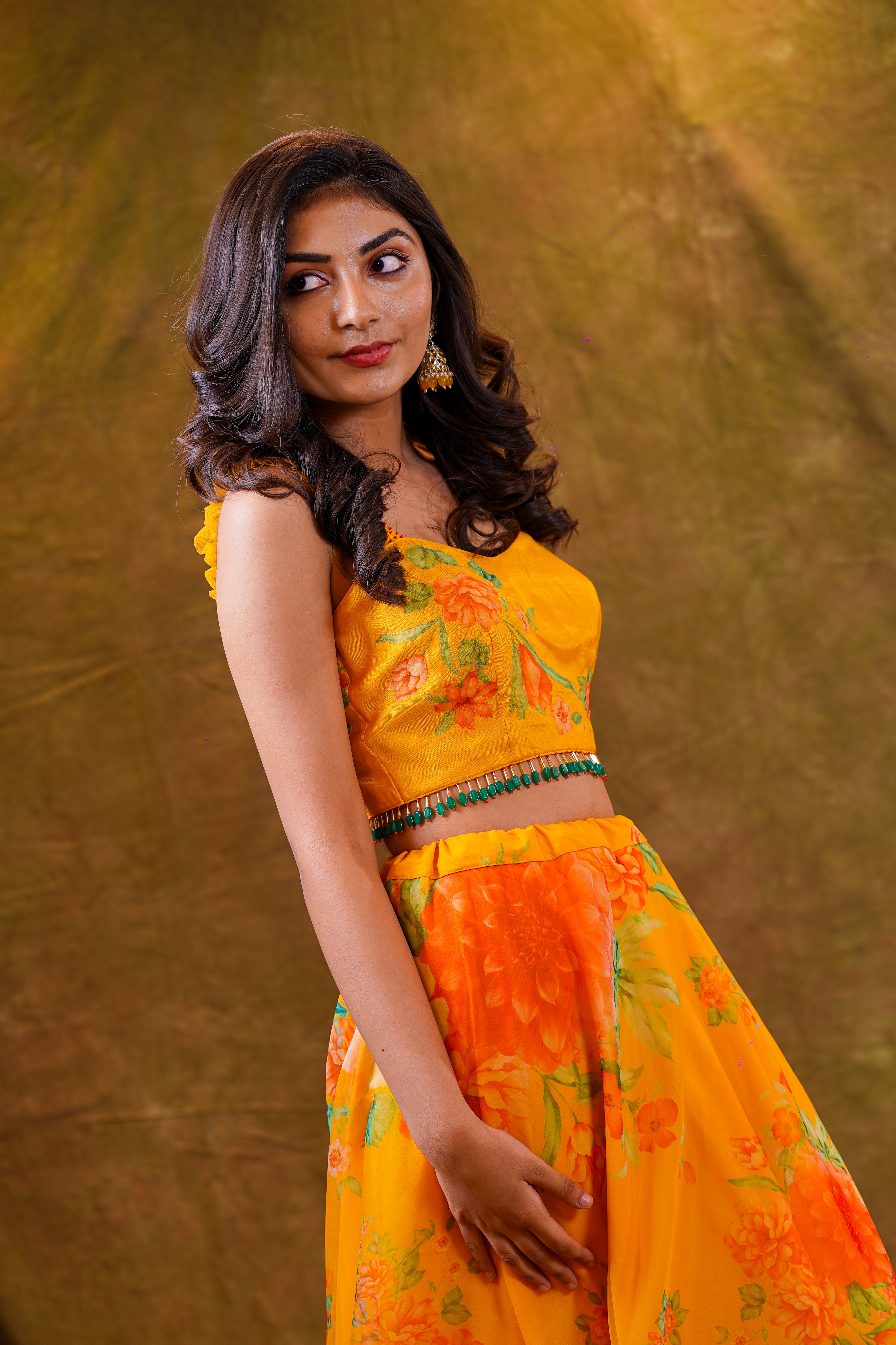 Yellow Organza lehenga with Crop-top