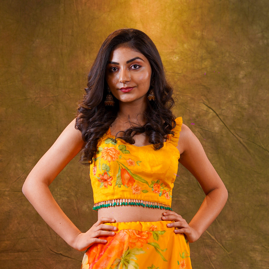 Yellow Organza lehenga with Crop-top