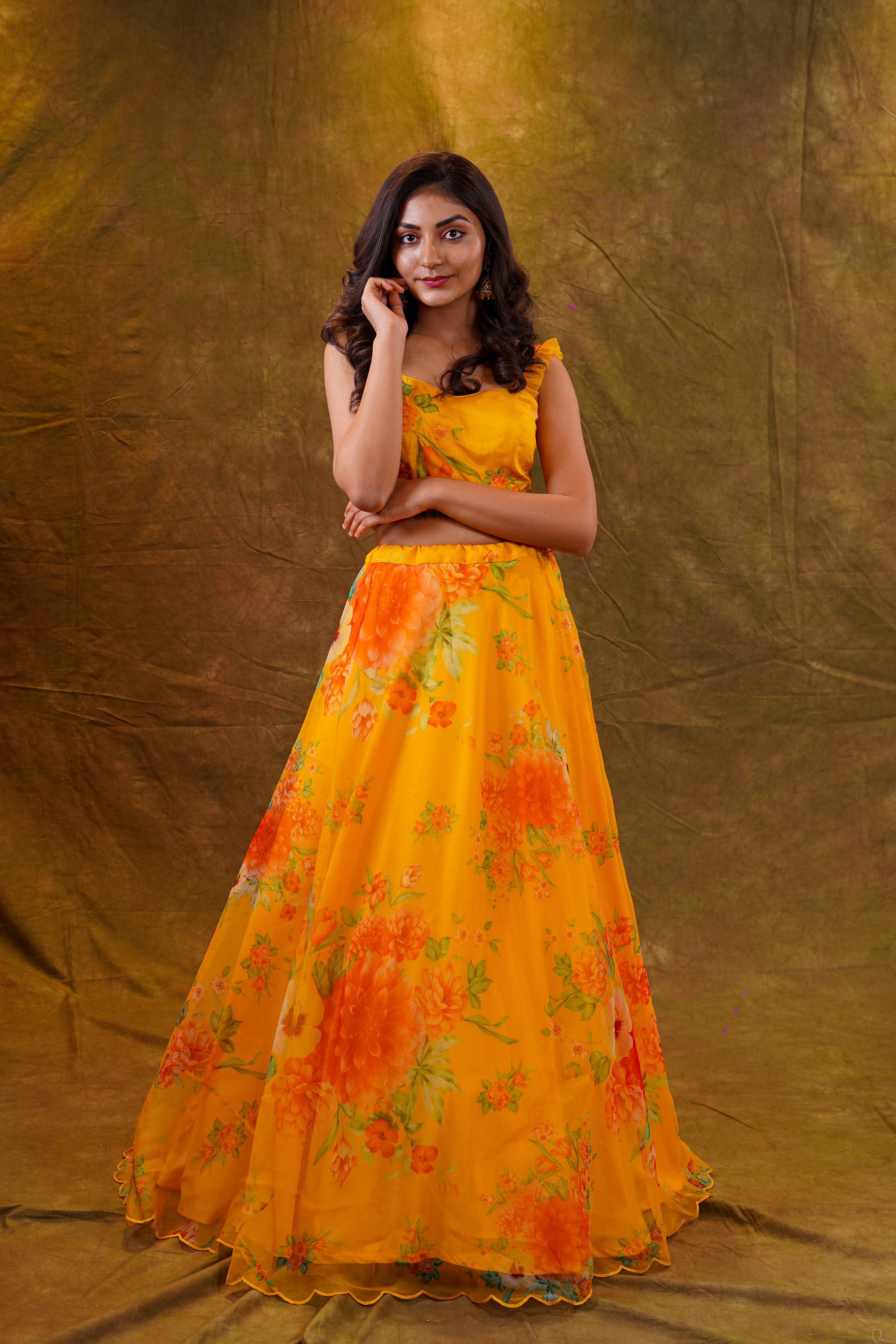 Yellow chiffon lehenga and crop top set, festive skirt and discount blouse set