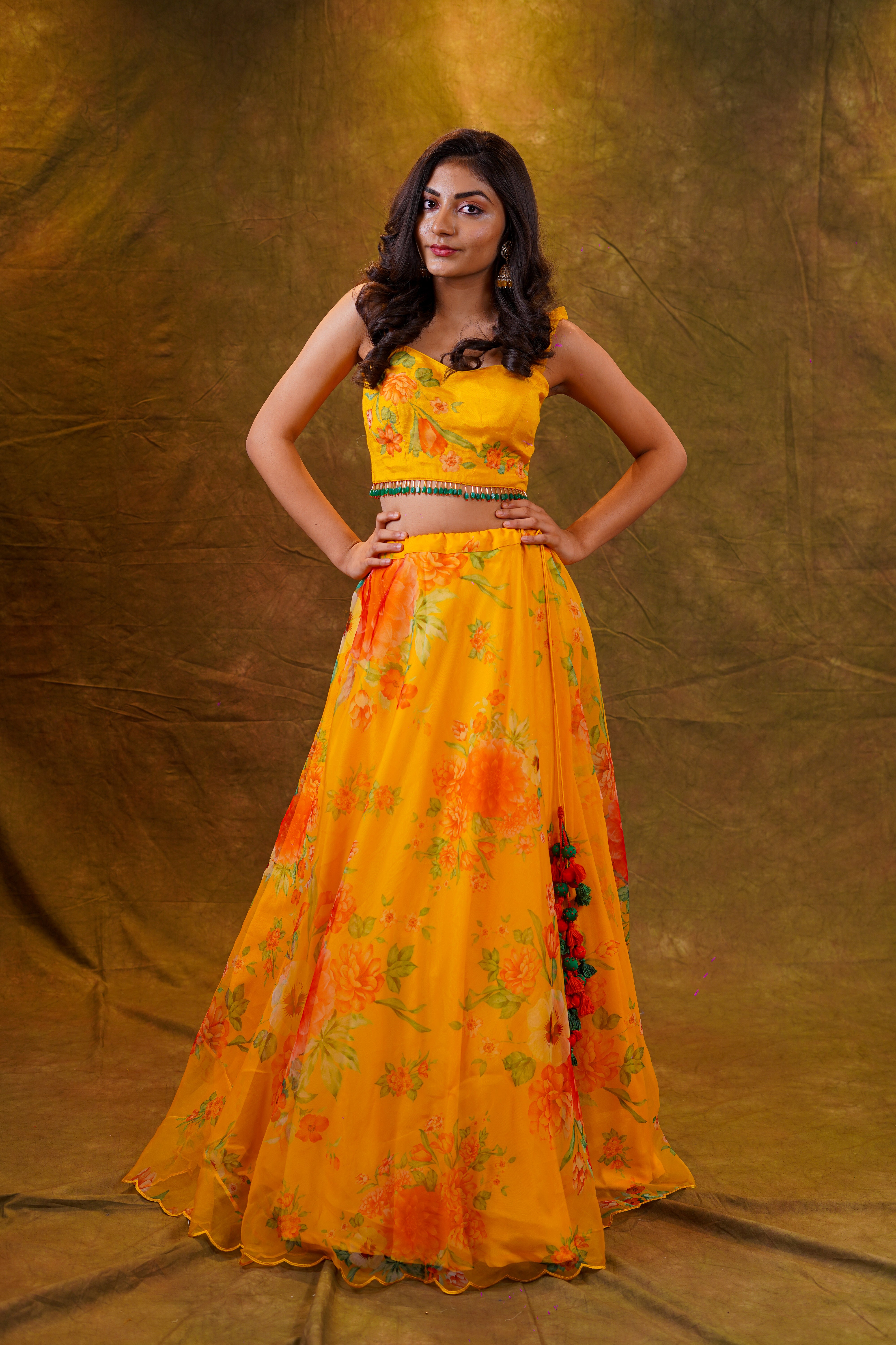 Yellow Organza lehenga with Crop-top