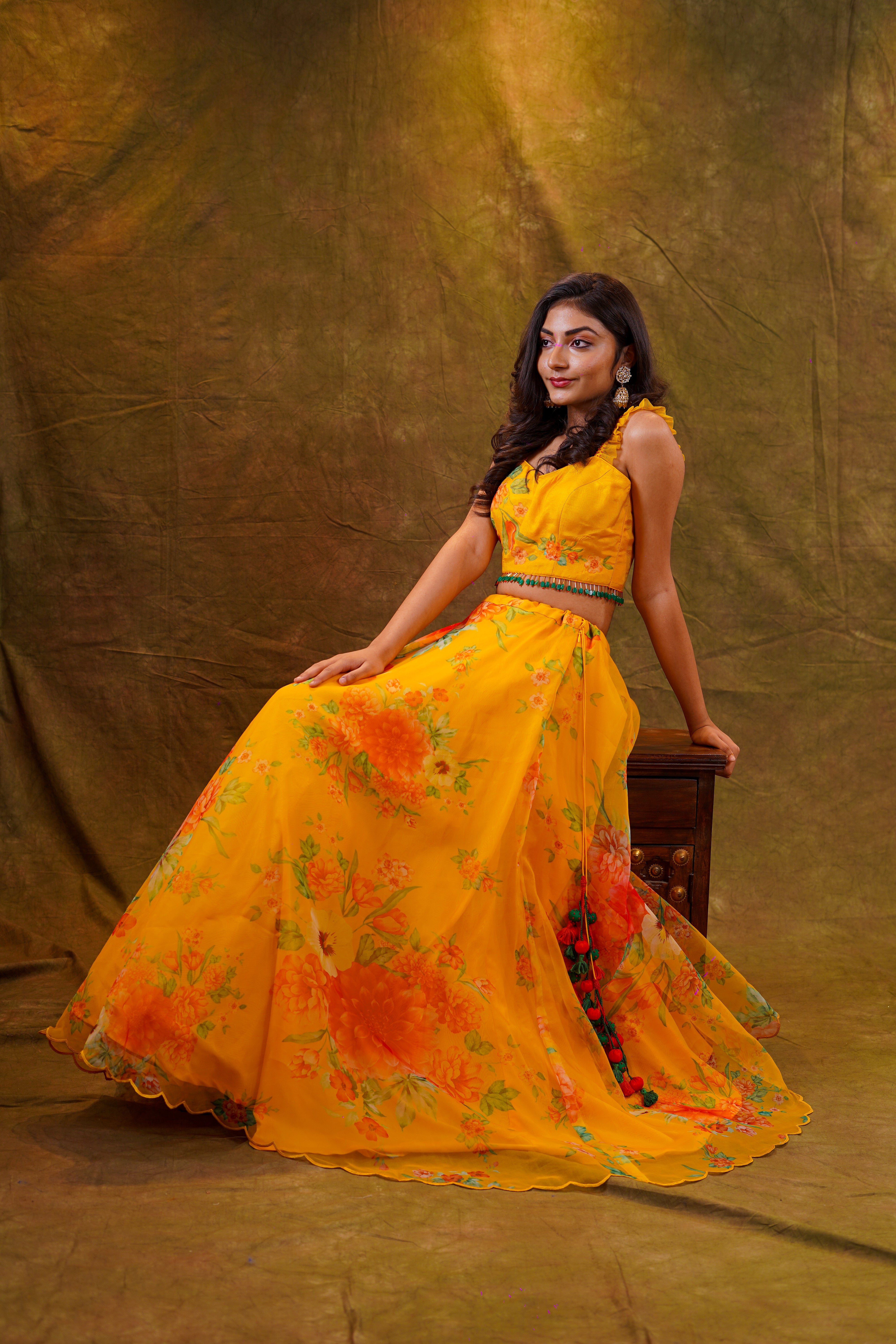 Yellow Organza lehenga with Crop-top