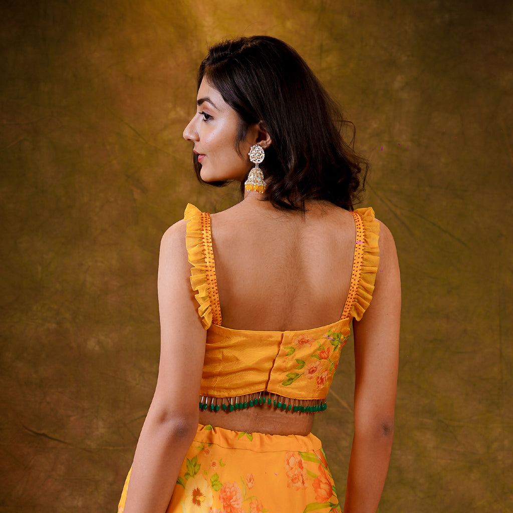 Yellow Organza lehenga with Crop-top