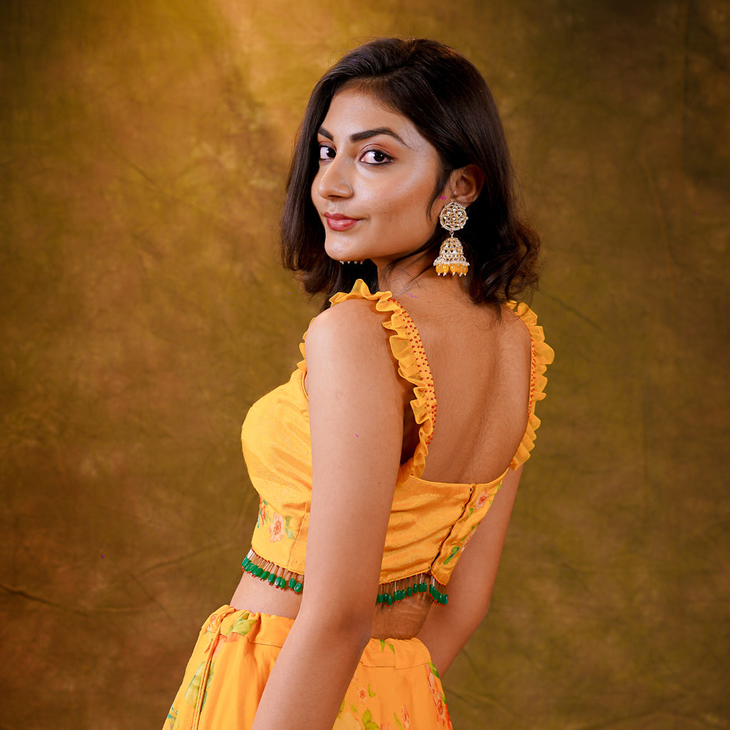 Yellow Organza lehenga with Crop-top