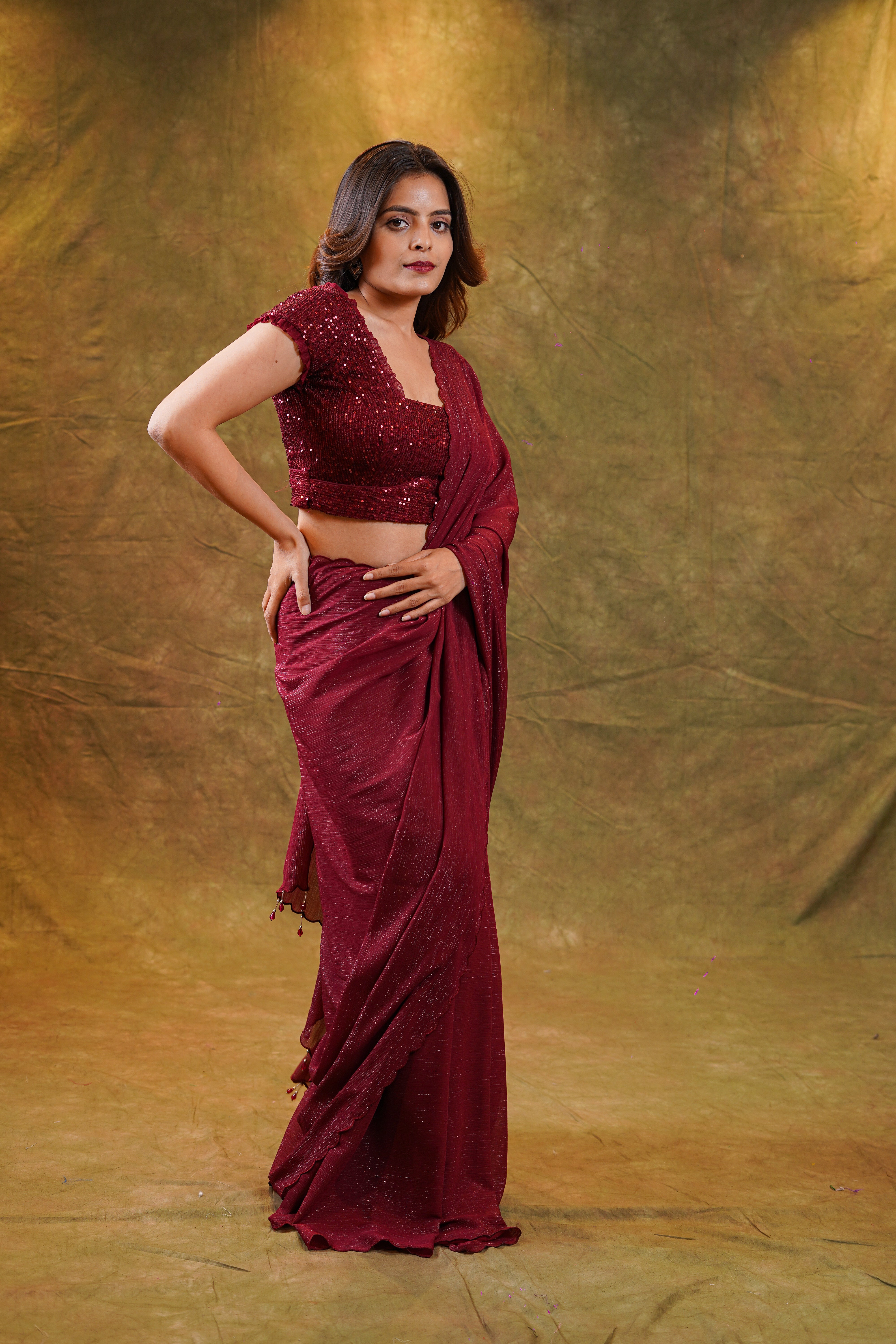 Maroon Shimmer Georgette Saree with blouse