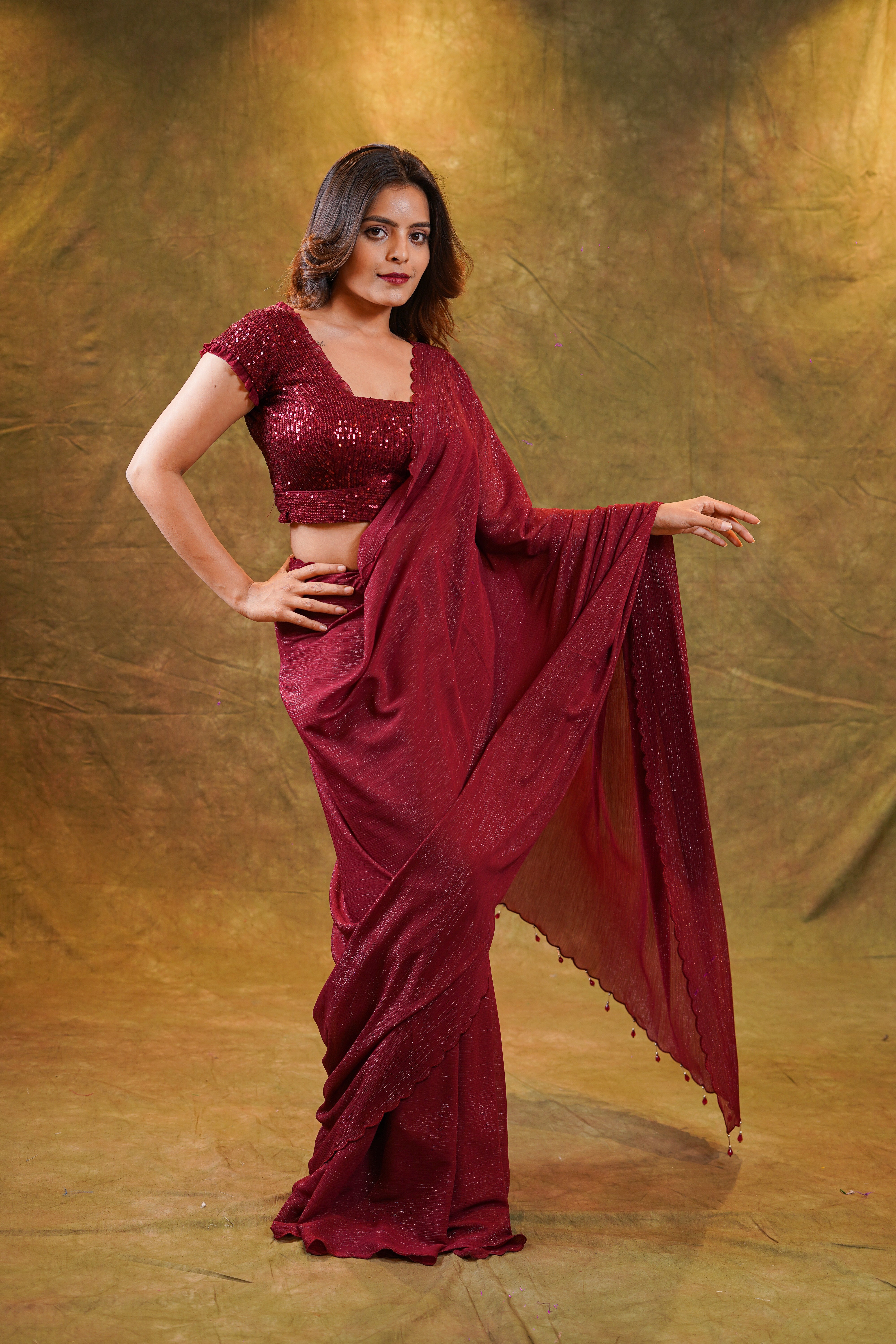 Maroon Shimmer Georgette Saree with blouse