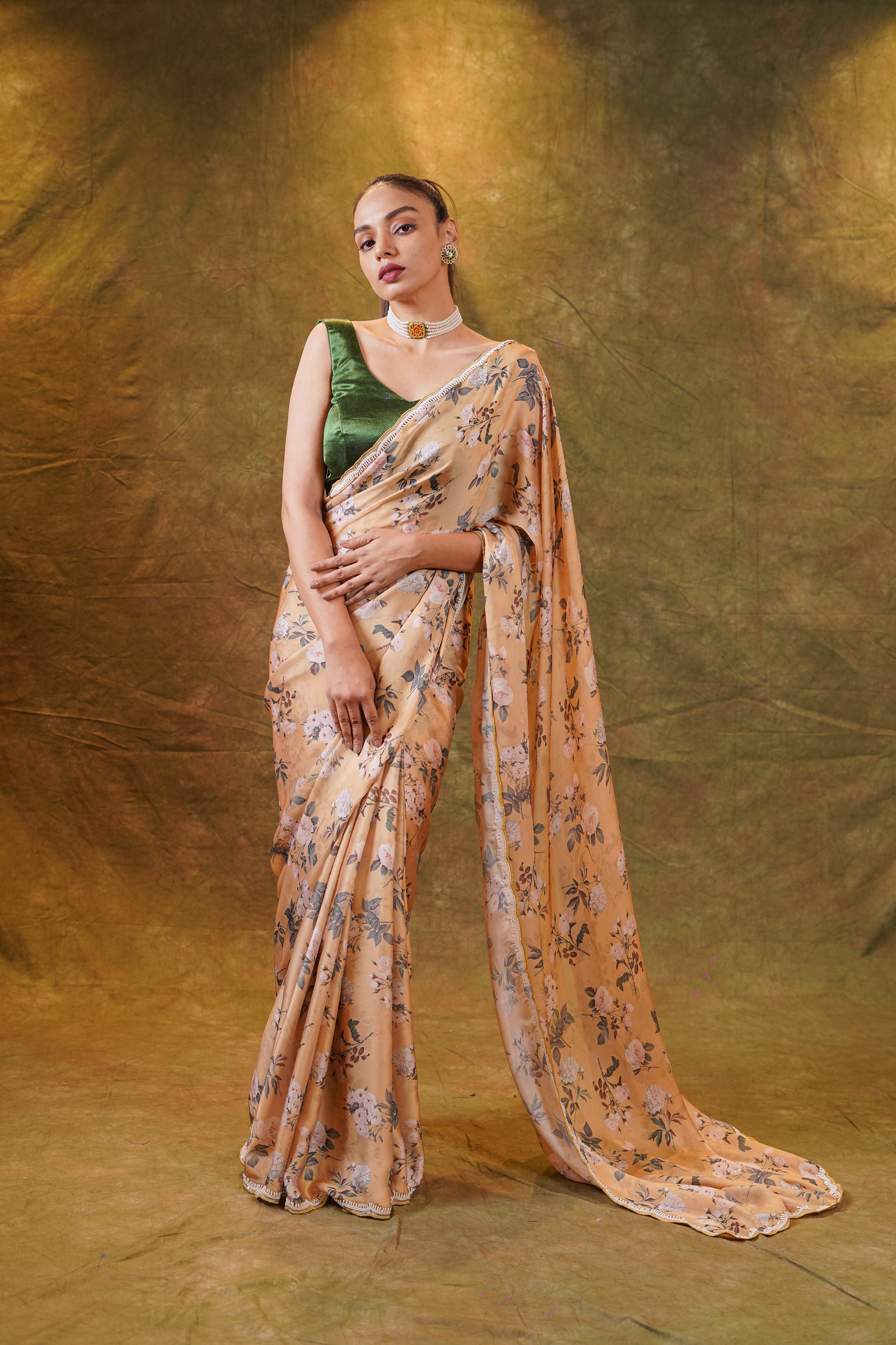 Coral satin floral saree