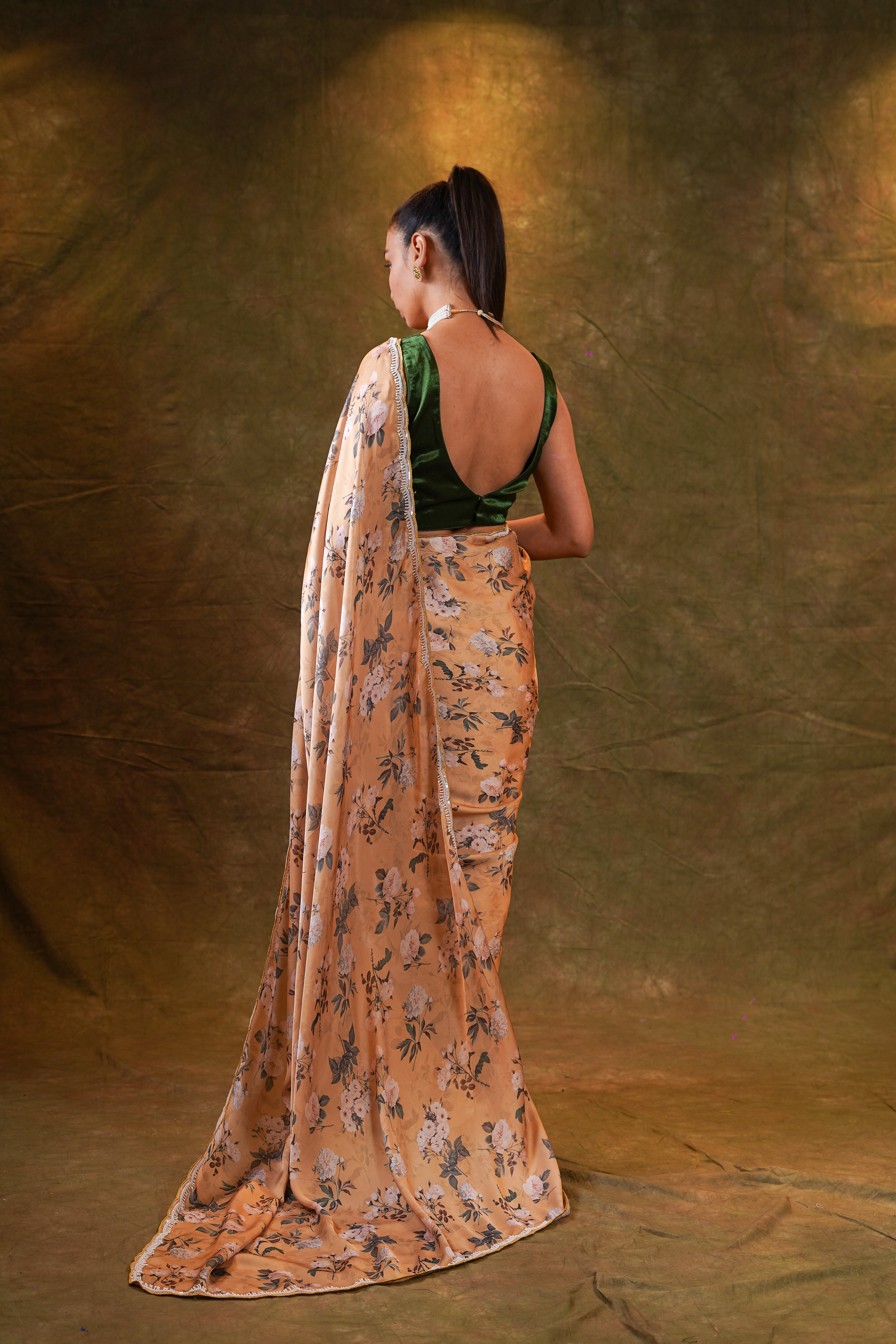 Coral satin floral saree