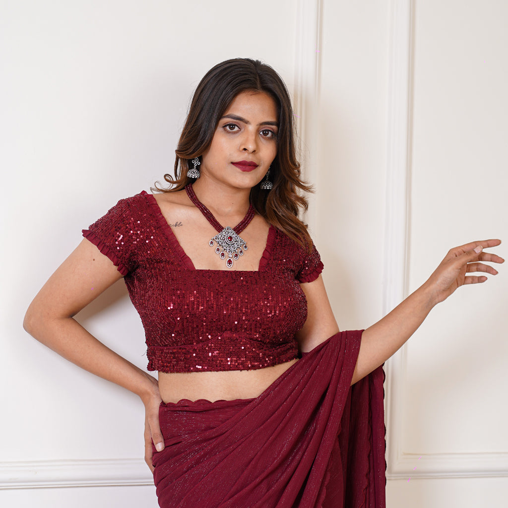 Maroon Shimmer Georgette Saree with blouse