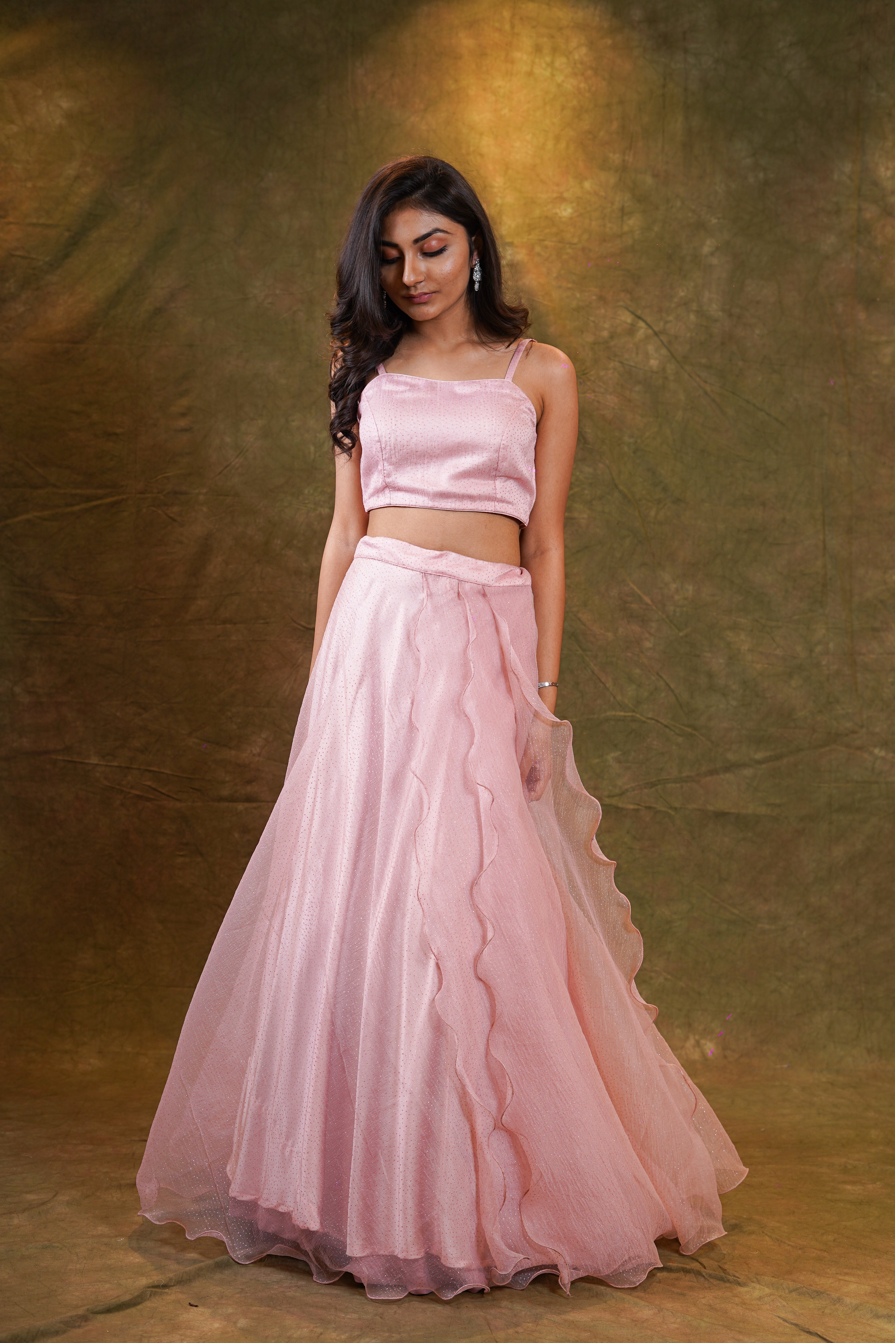 Pink organza lehenga with Spaghetti  blouse