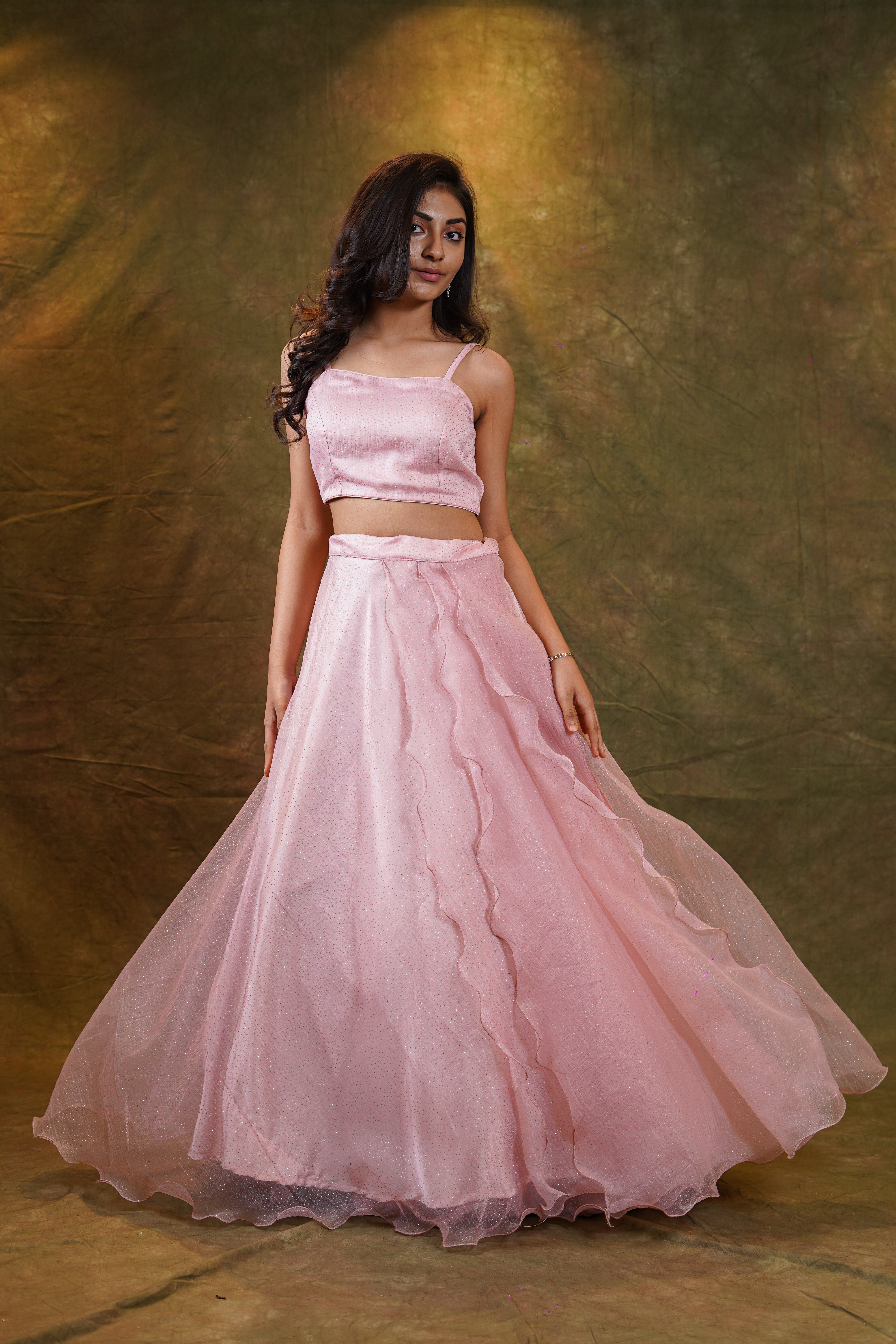 Pink organza lehenga with Spaghetti  blouse