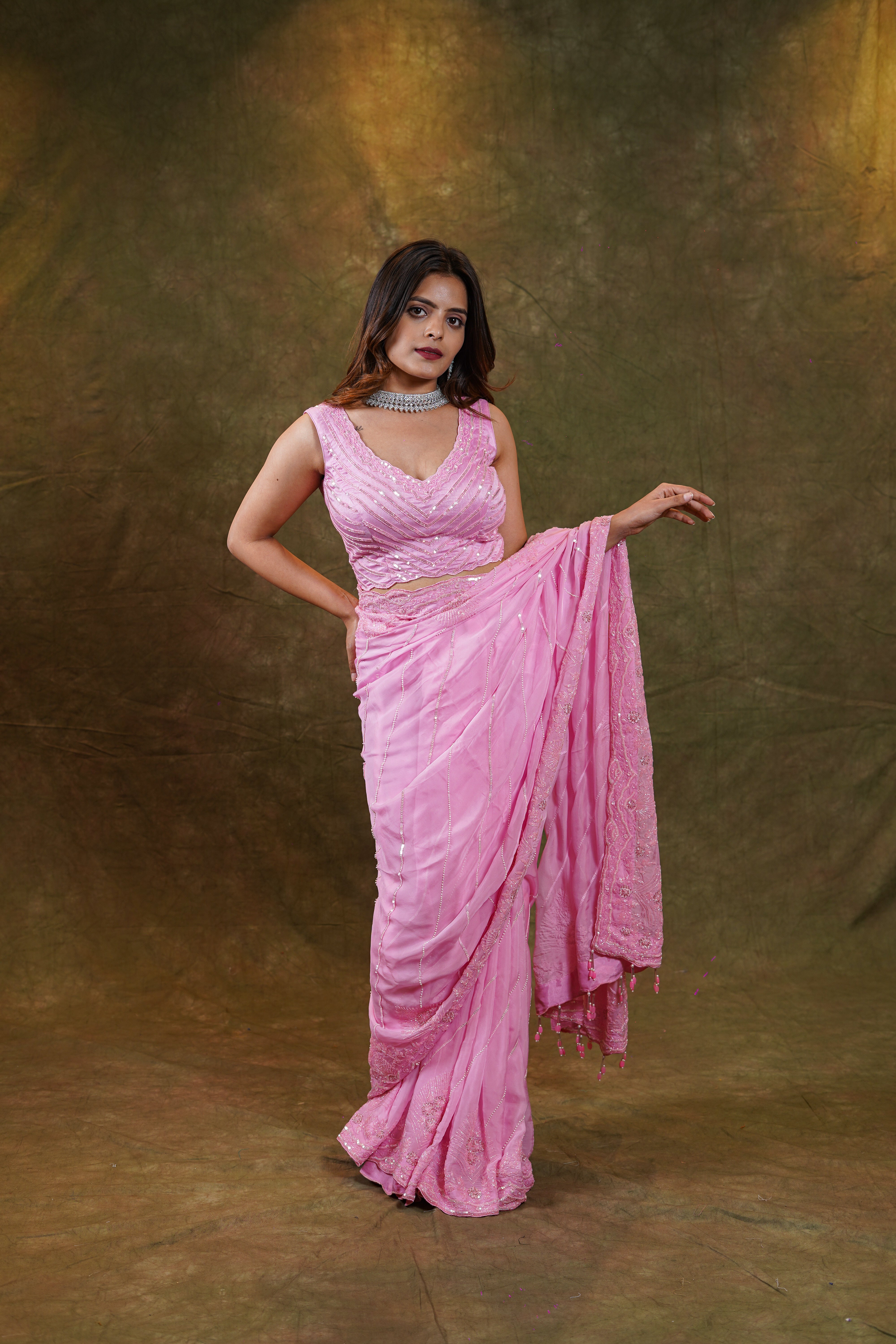 Pink Silk Organza Hand Embroidered Saree