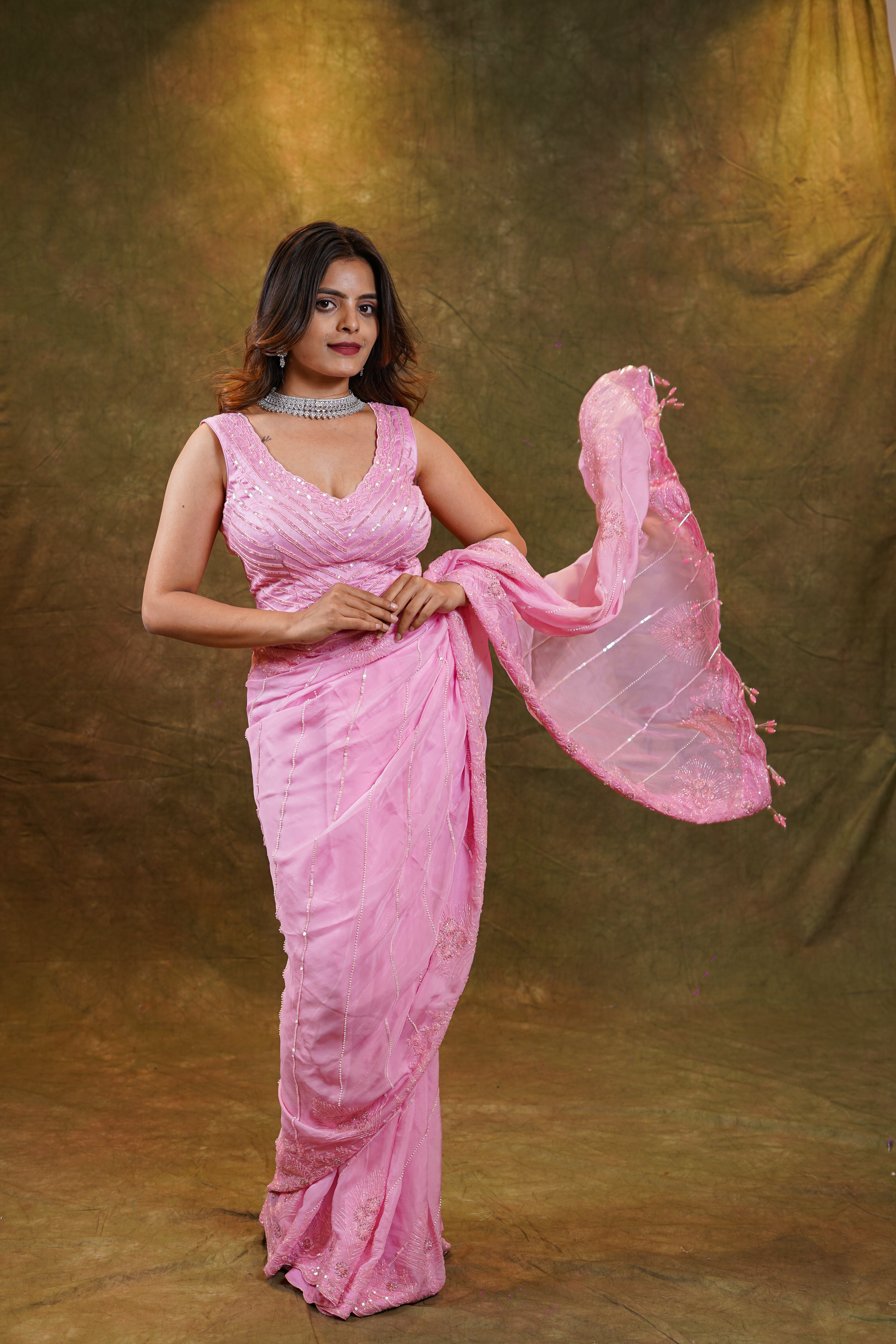 Pink Silk Organza Hand Embroidered Saree