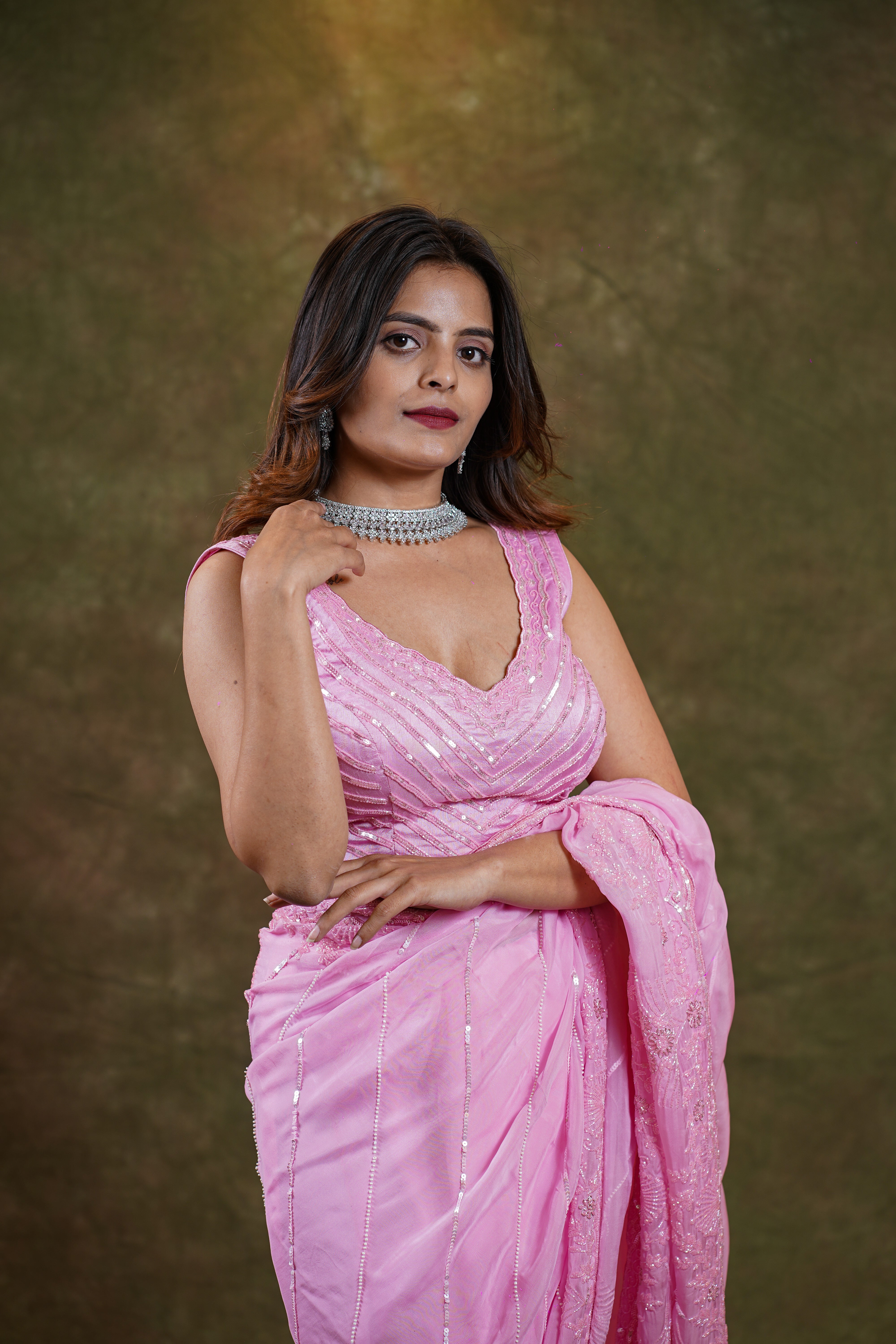 Pink Silk Organza Hand Embroidered Saree