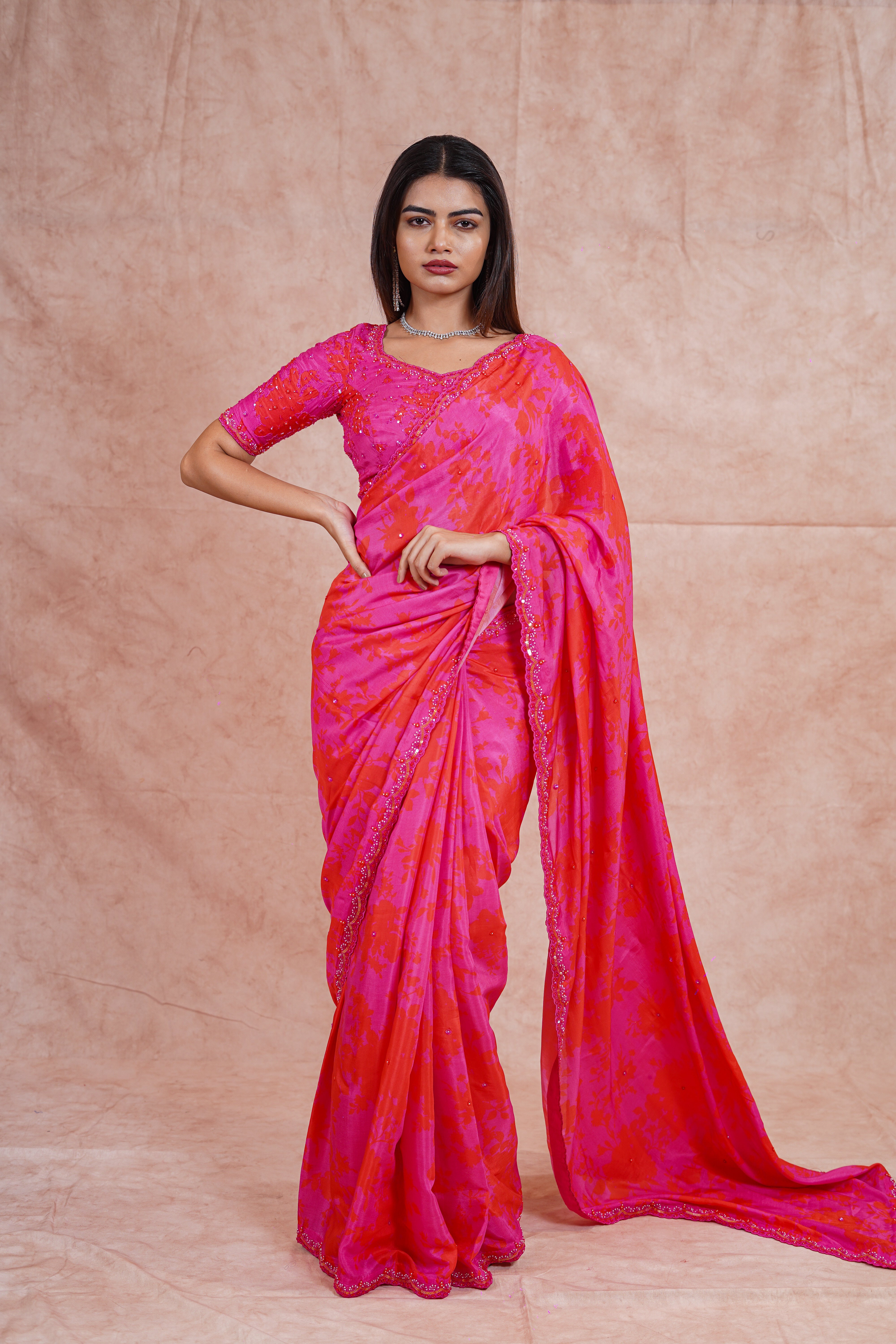 Fuchsia Pink and Orange Crepe Satin Saree