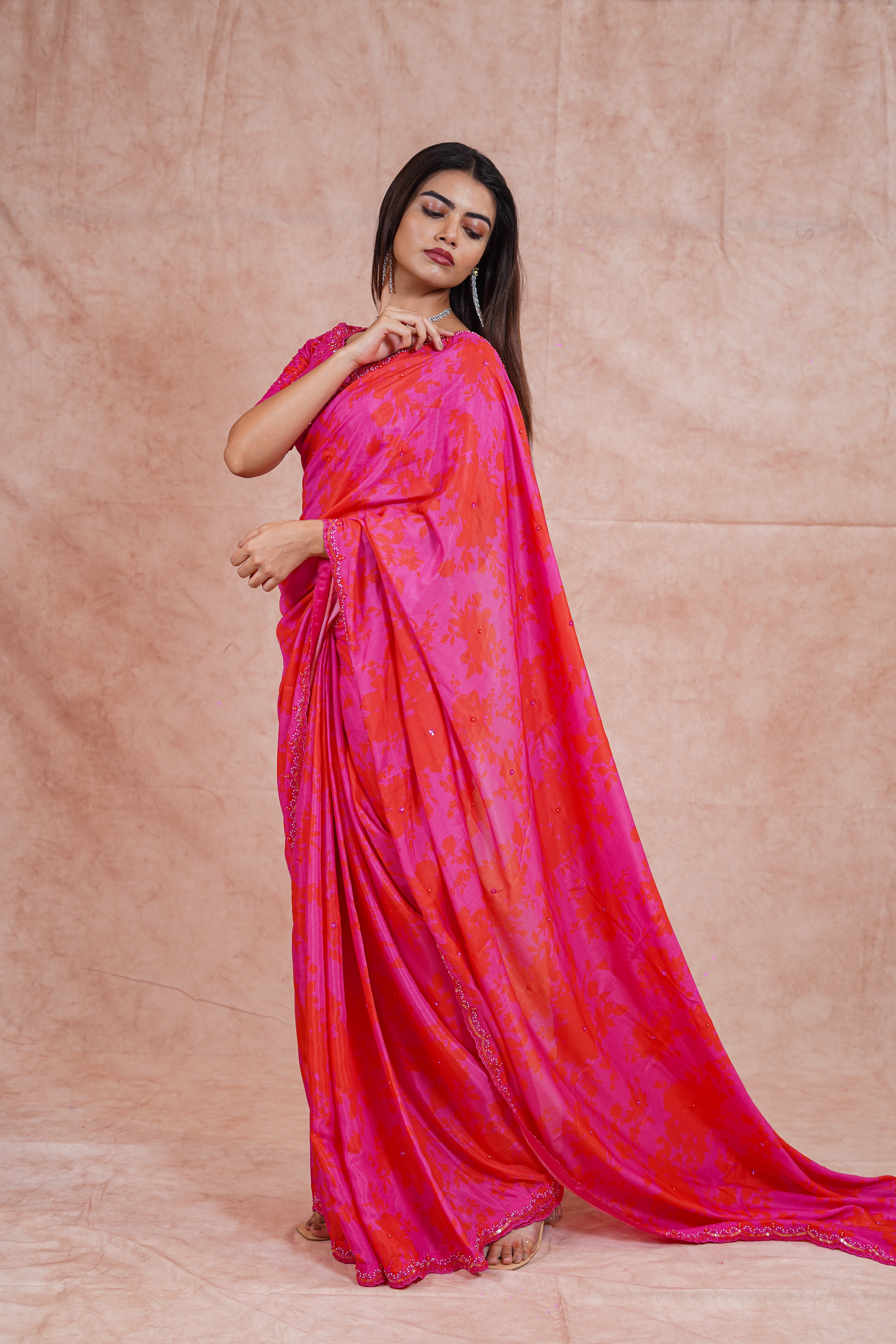 Fuchsia Pink and Orange Crepe Satin Saree