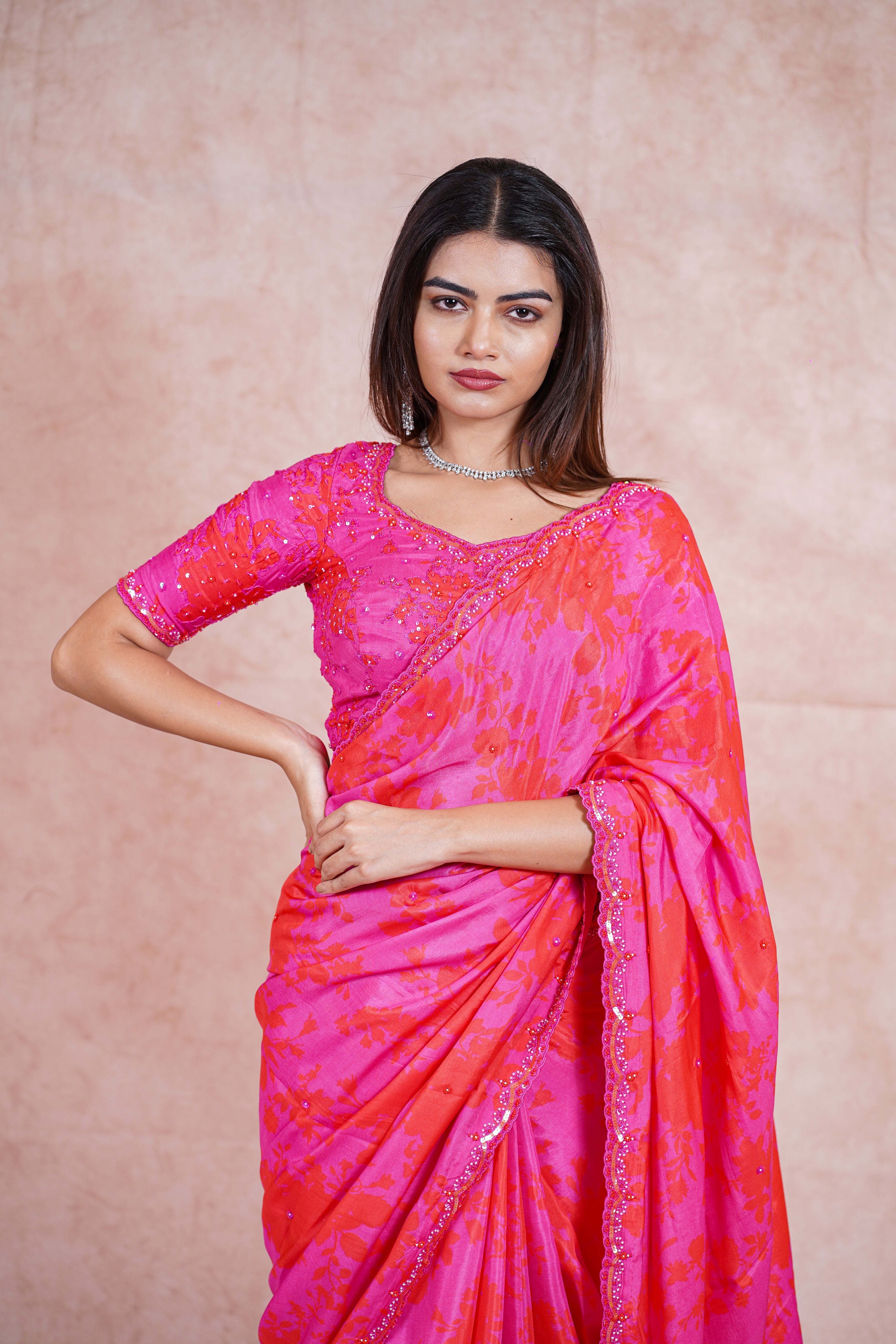 Fuchsia Pink and Orange Crepe Satin Saree