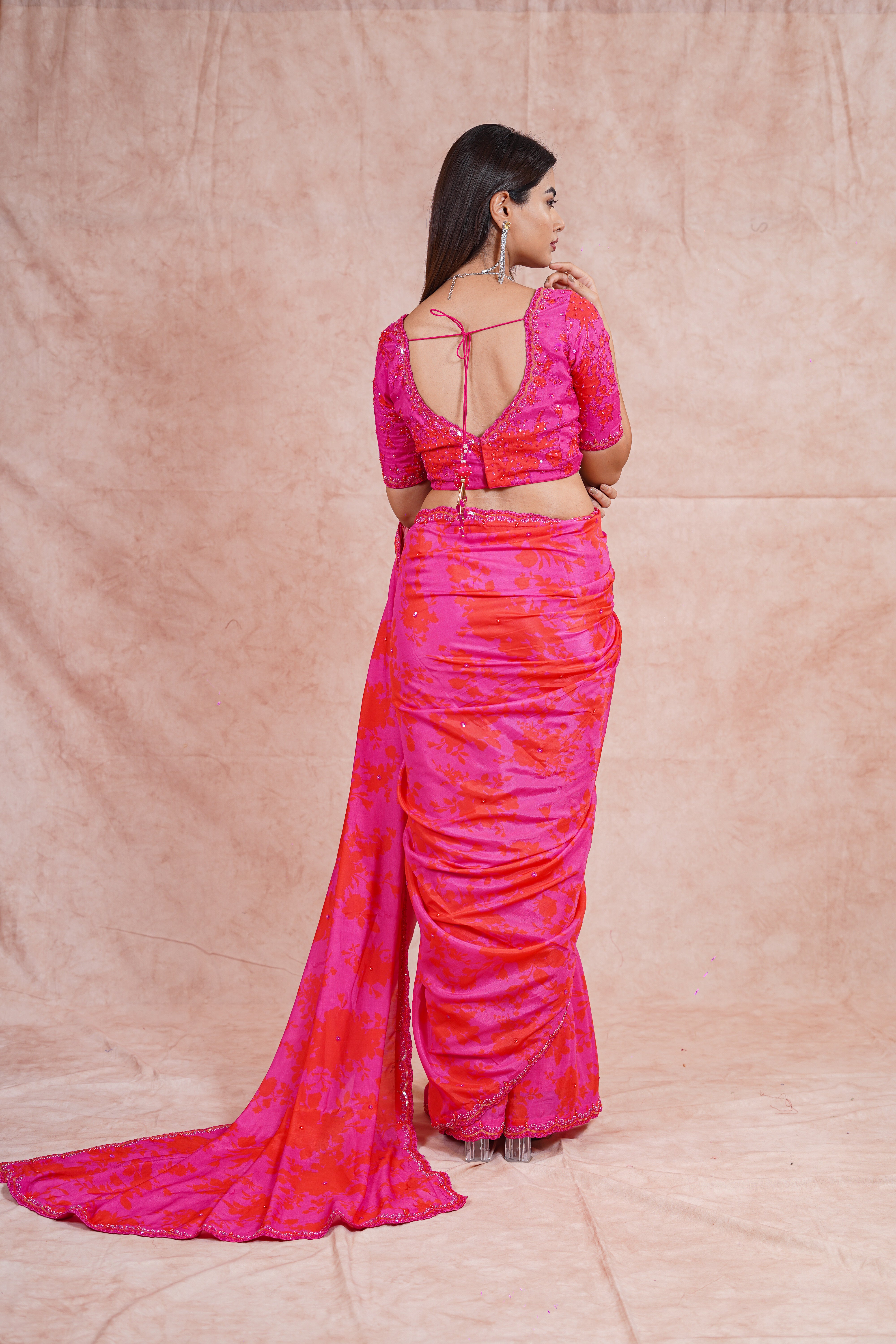 Fuchsia Pink and Orange Crepe Satin Saree