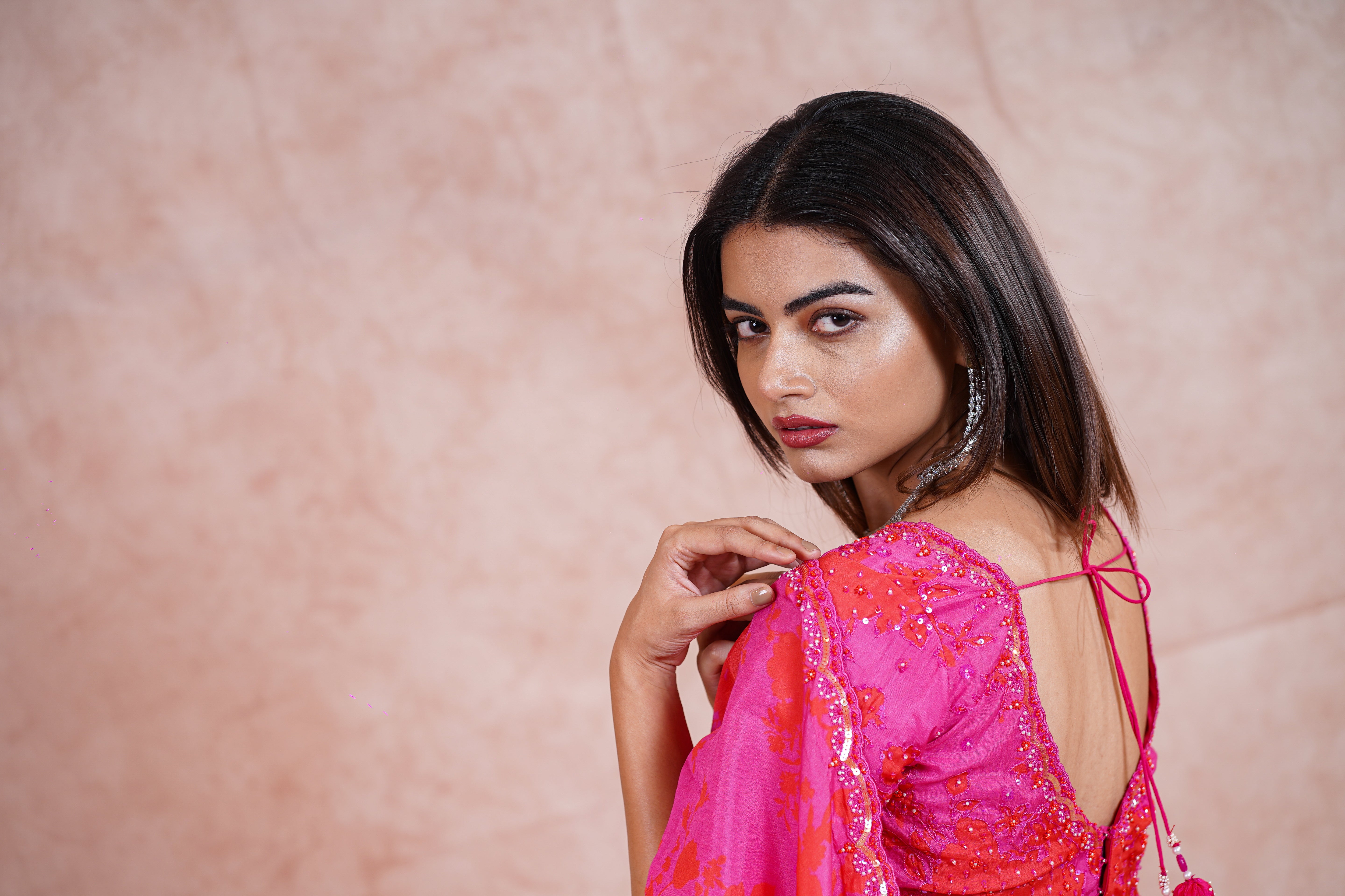 Fuchsia Pink and Orange Crepe Satin Saree