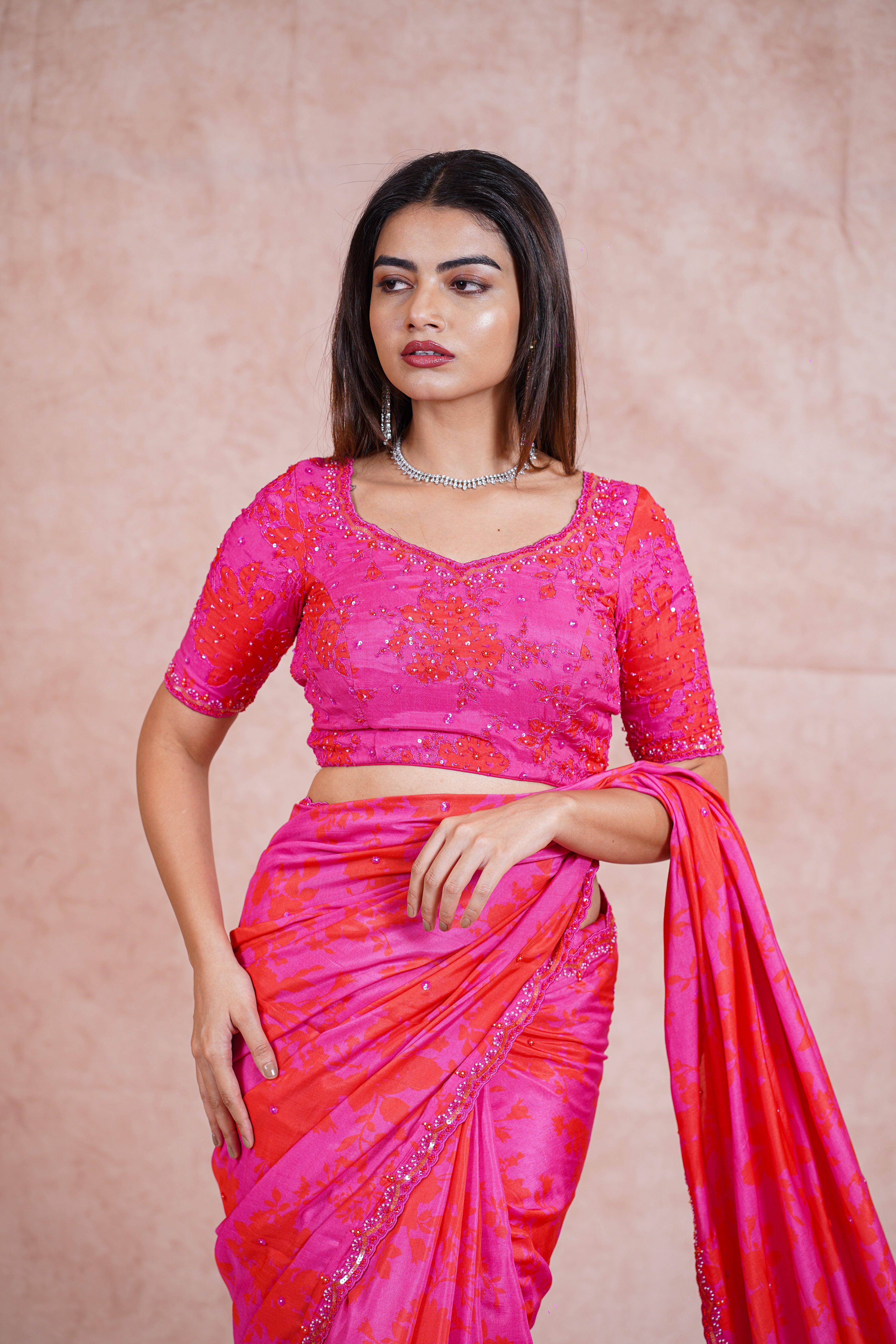 Fuchsia Pink and Orange Crepe Satin Saree