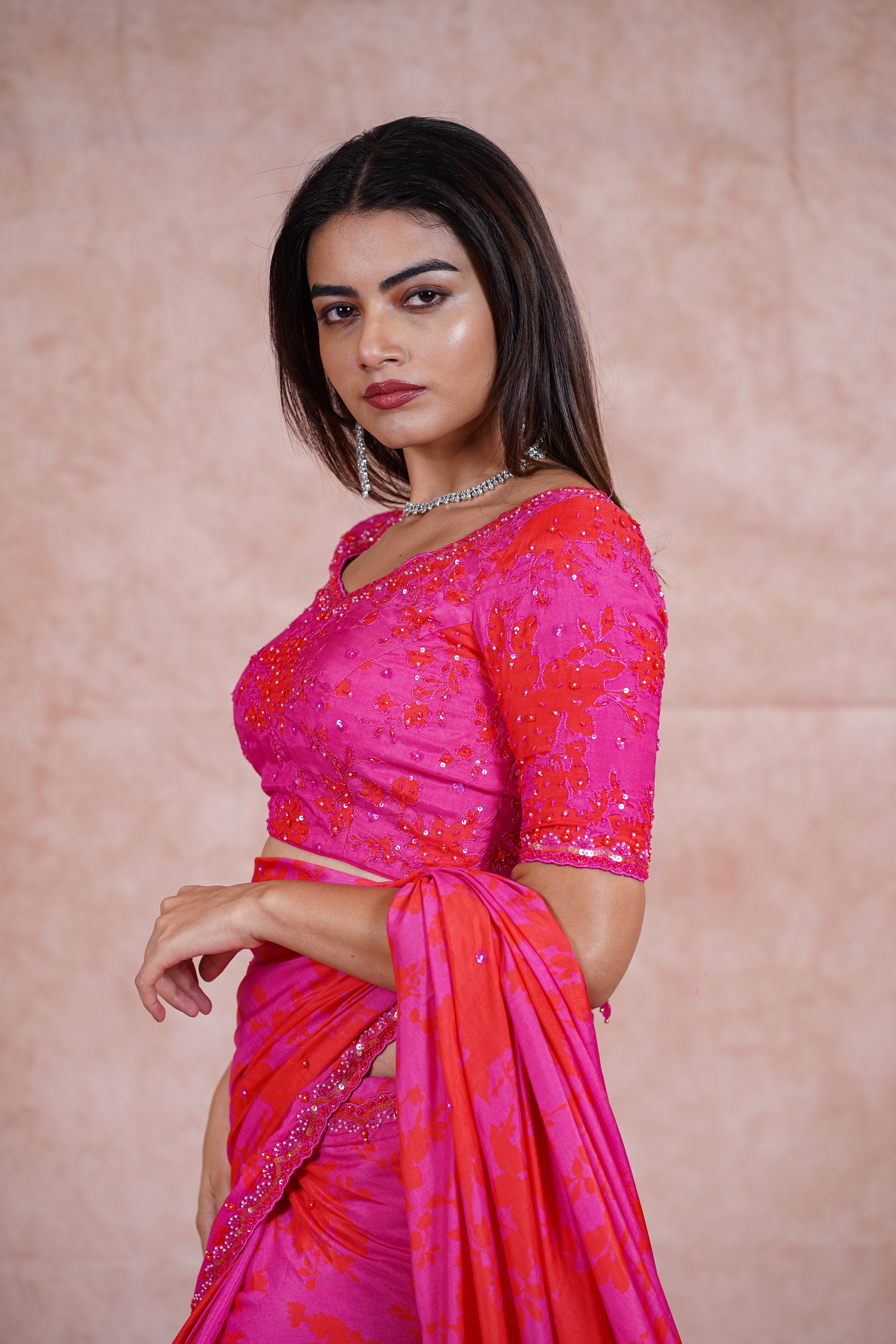 Fuchsia Pink and Orange Crepe Satin Saree