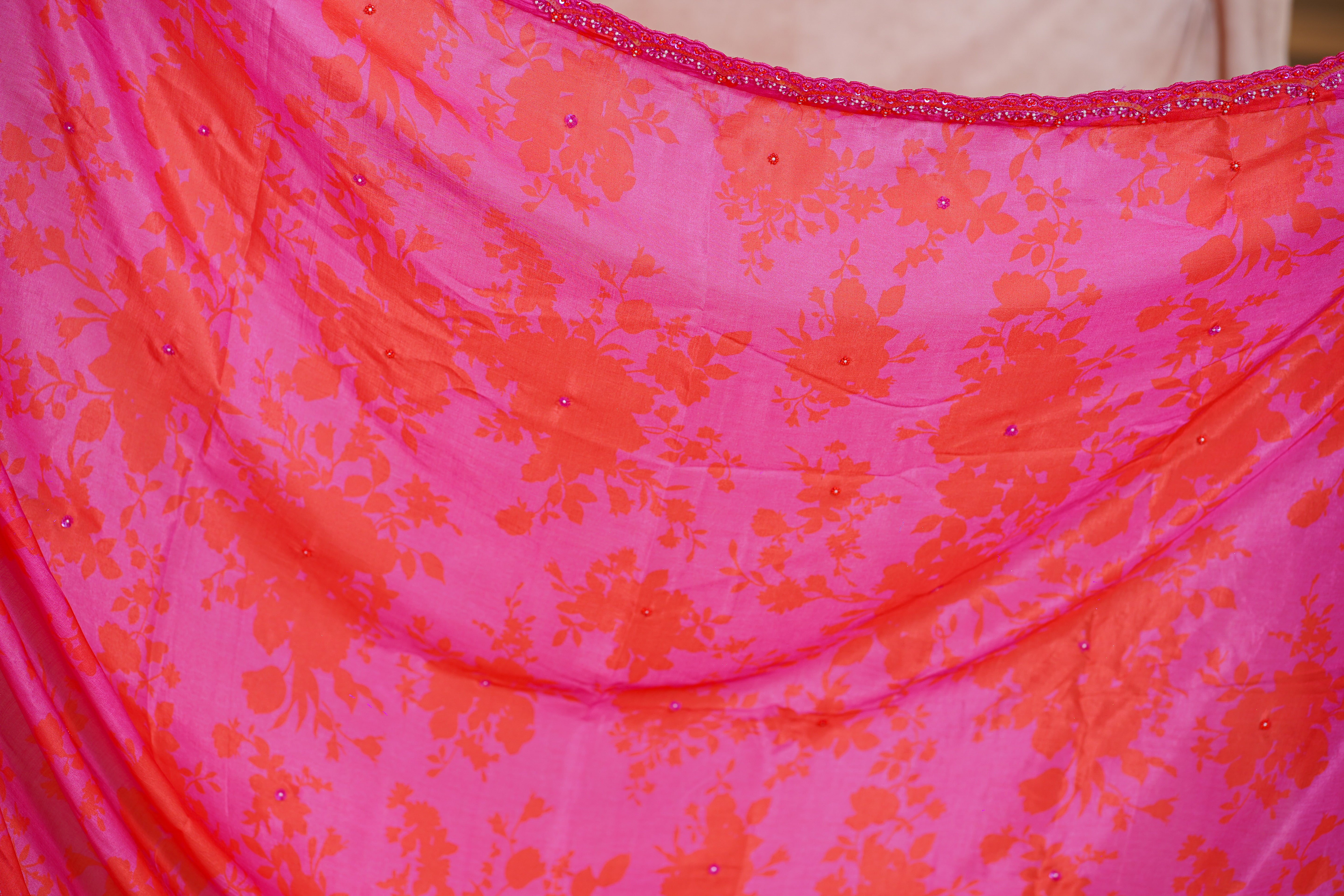 Fuchsia Pink and Orange Crepe Satin Saree