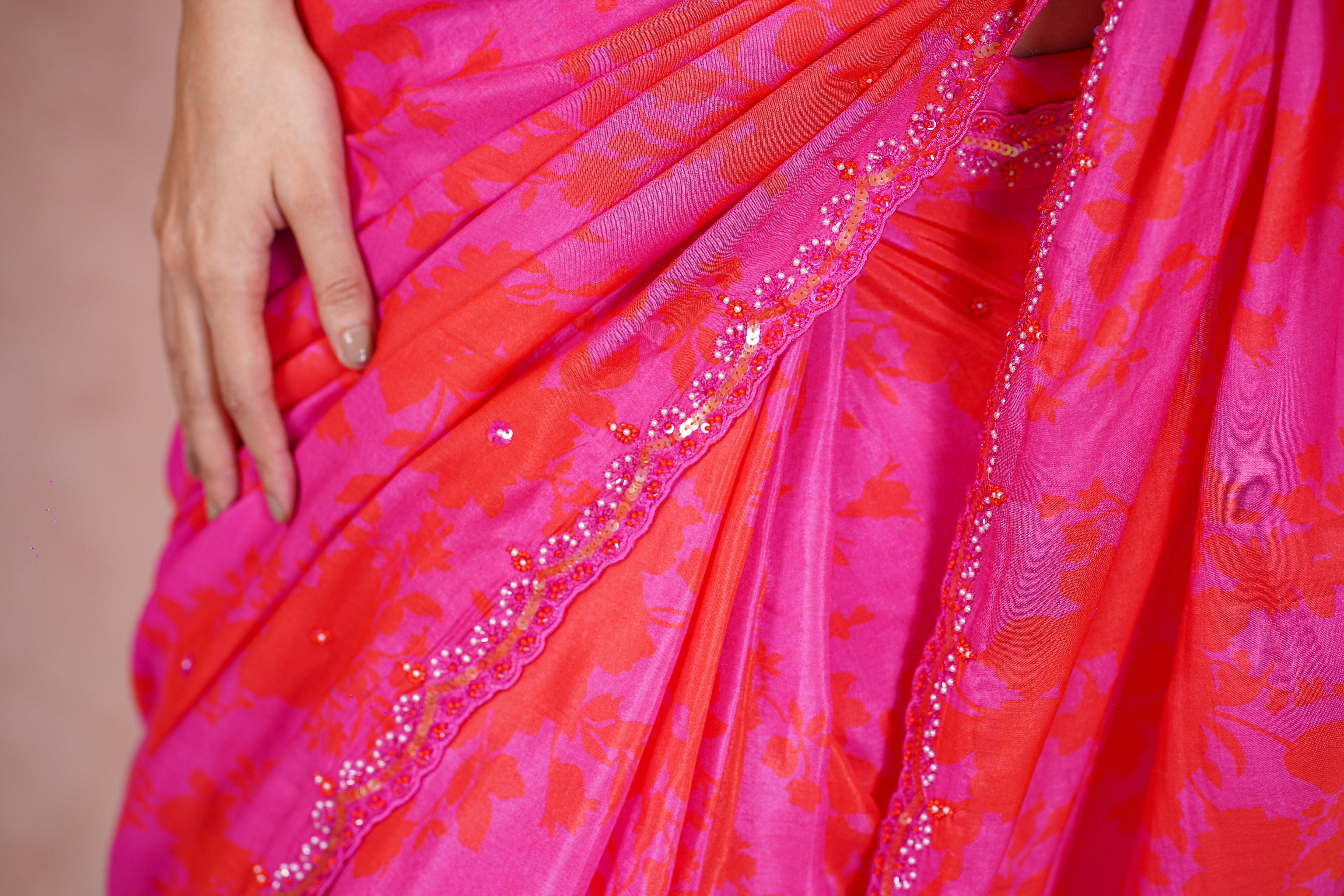 Fuchsia Pink and Orange Crepe Satin Saree