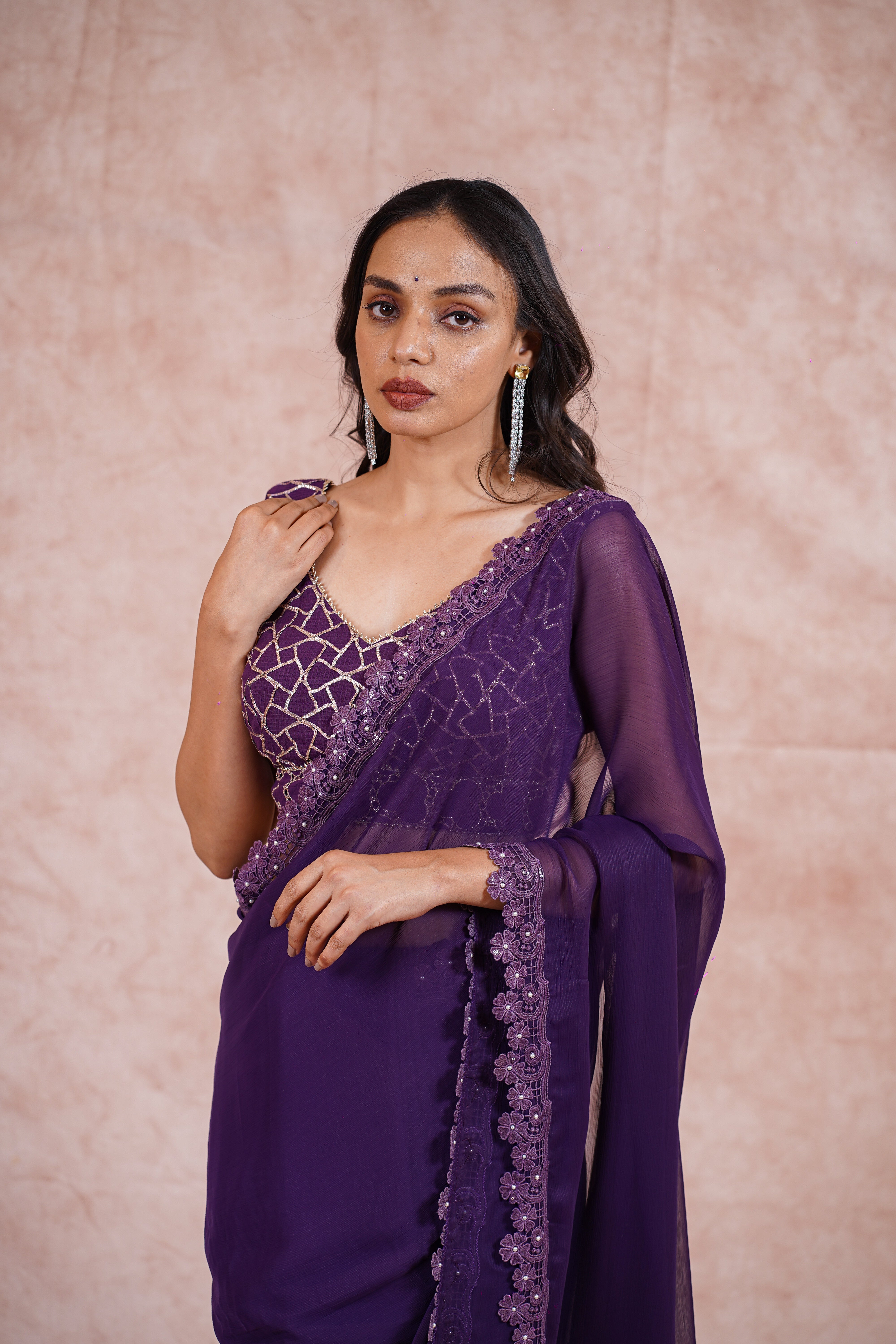 Purple Chiffon saree with blouse