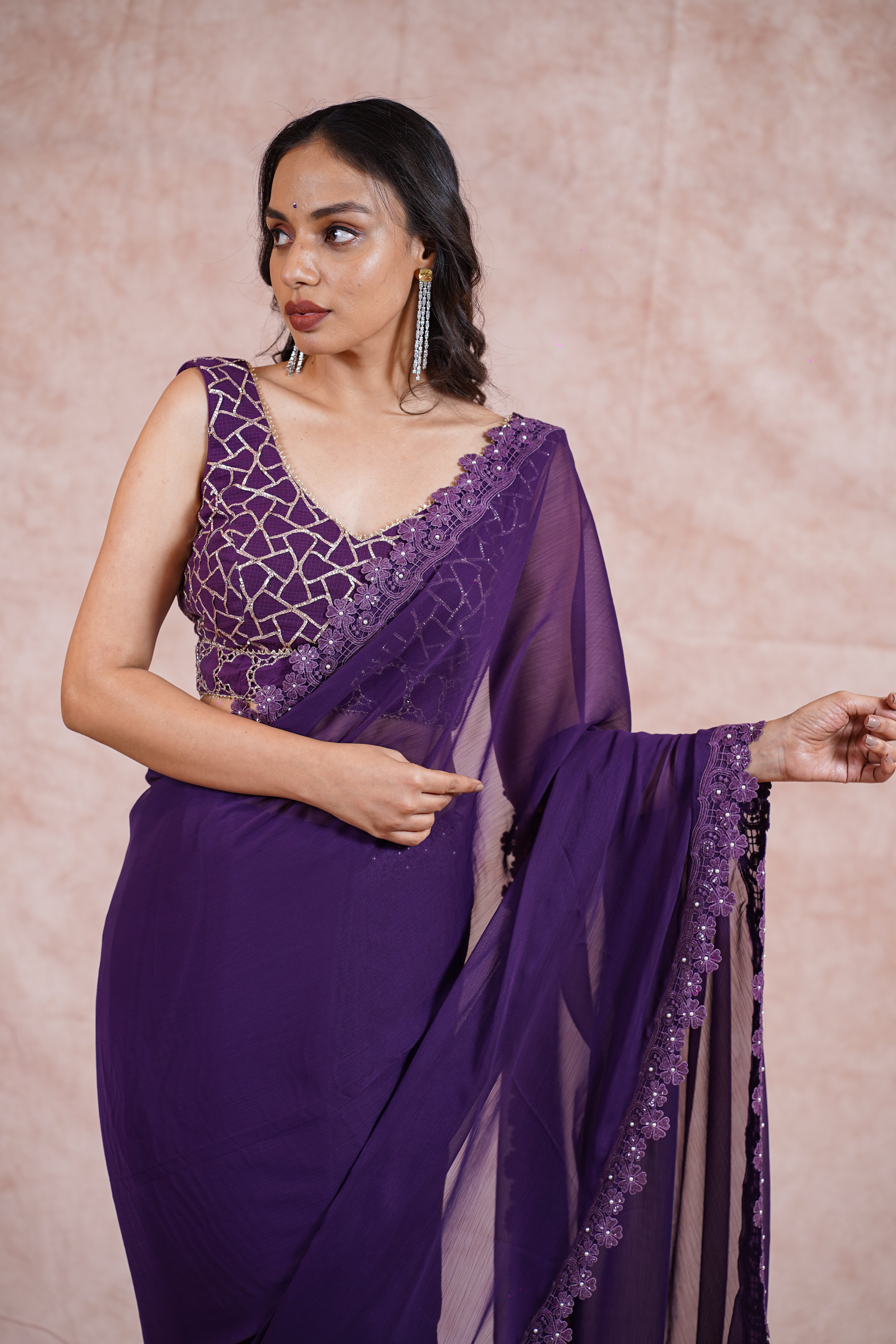 Purple Chiffon saree with blouse