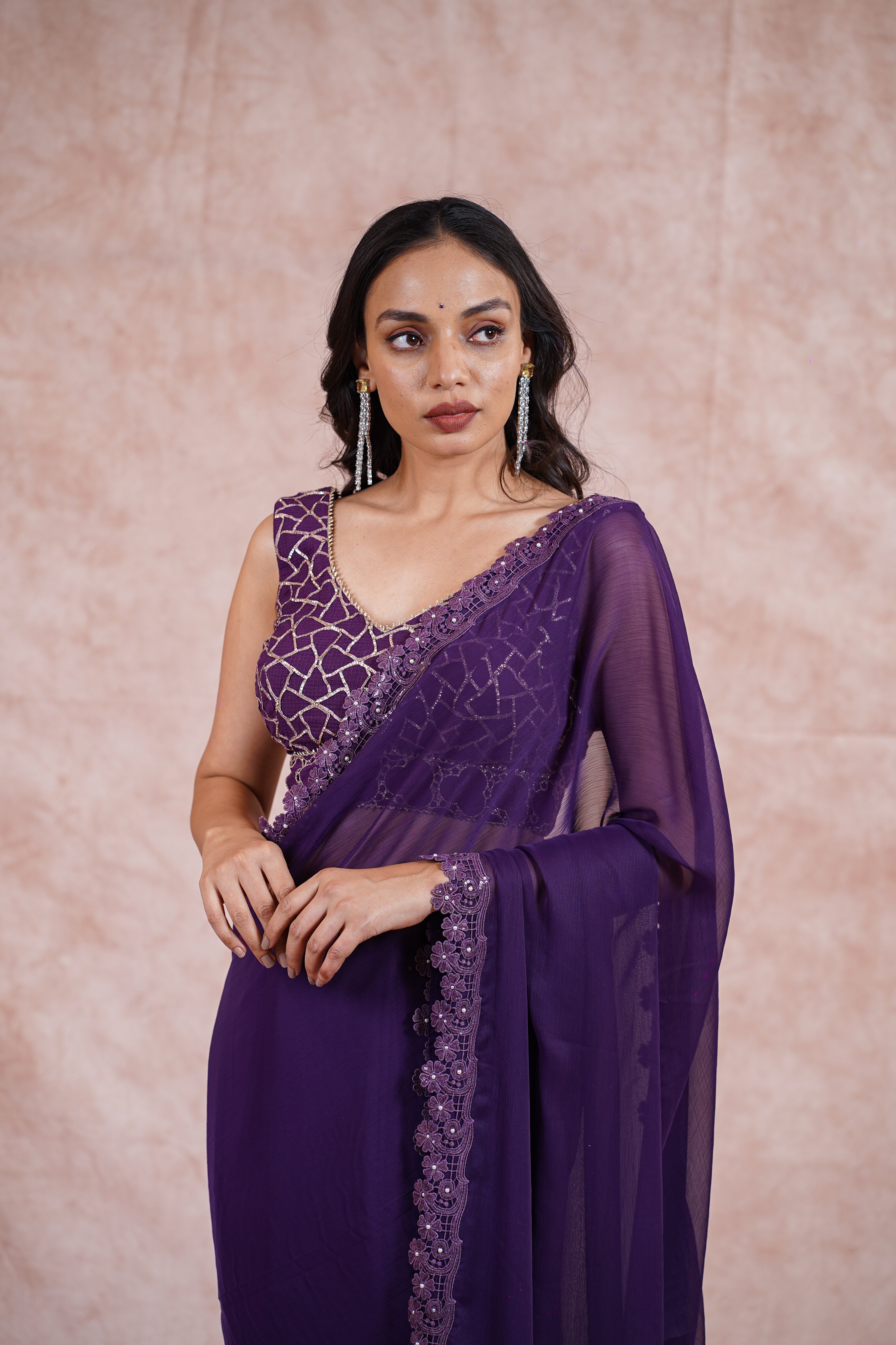 Purple Chiffon saree with blouse