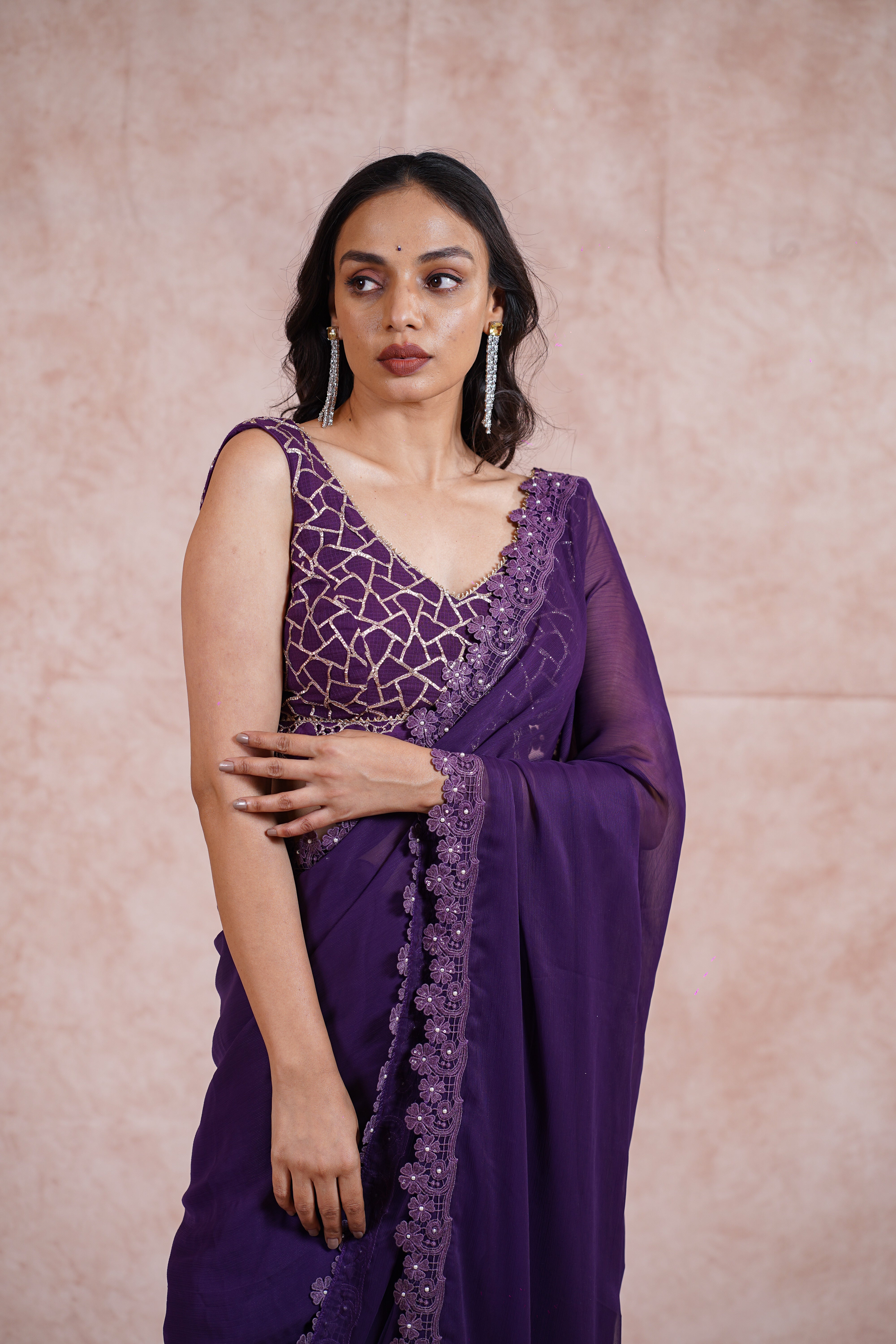 Purple Chiffon saree with blouse