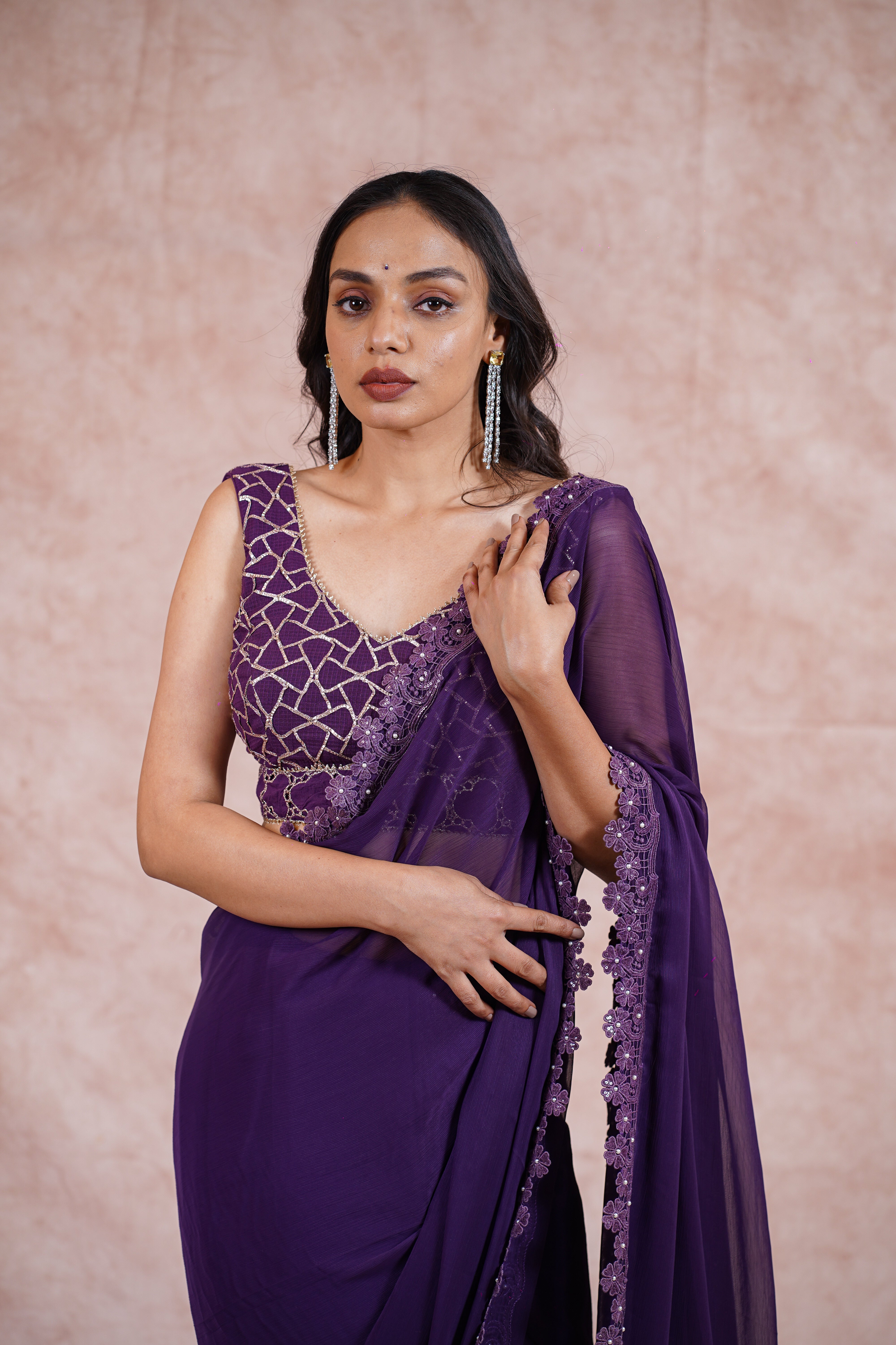 Purple Chiffon saree with blouse