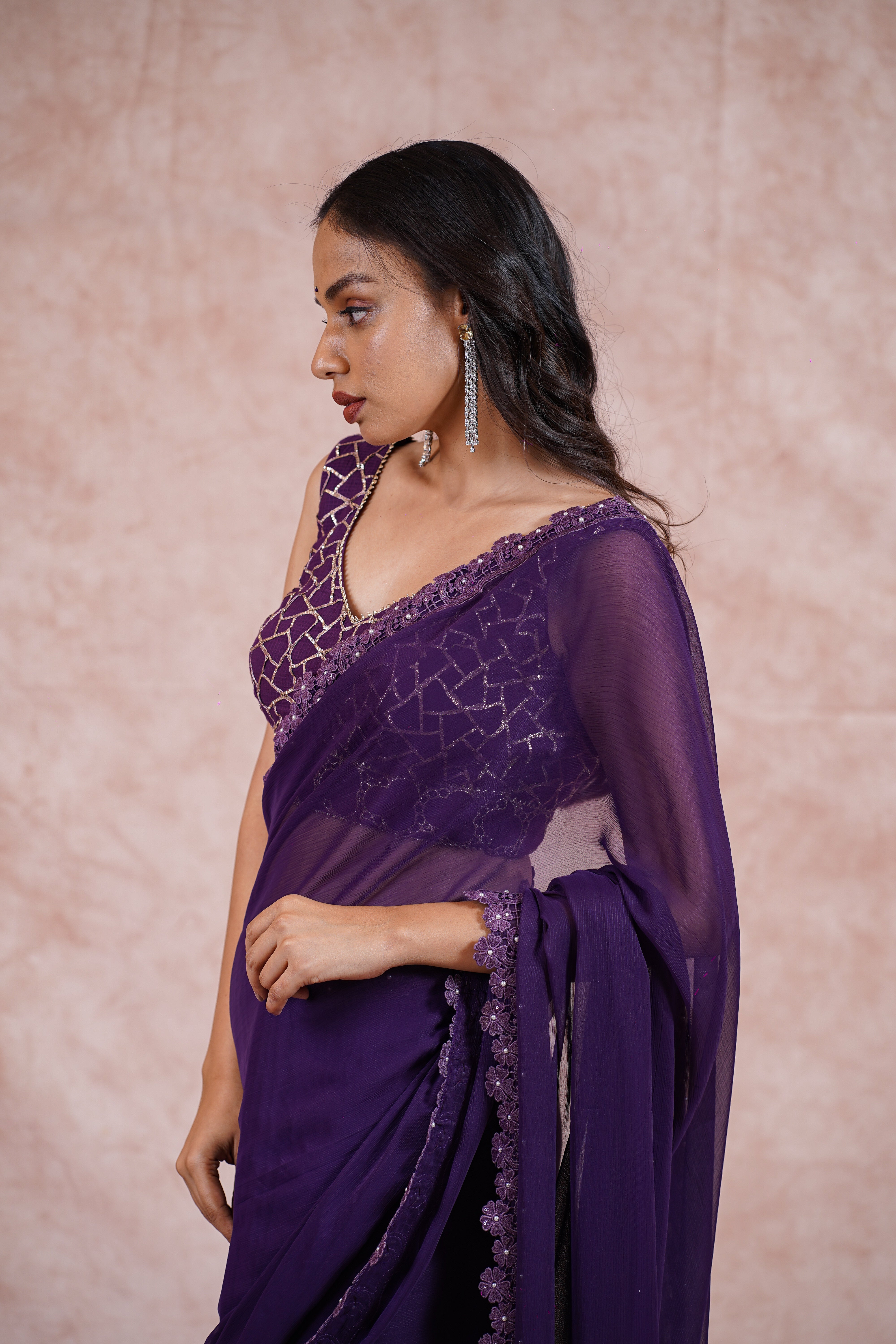 Purple Chiffon saree with blouse