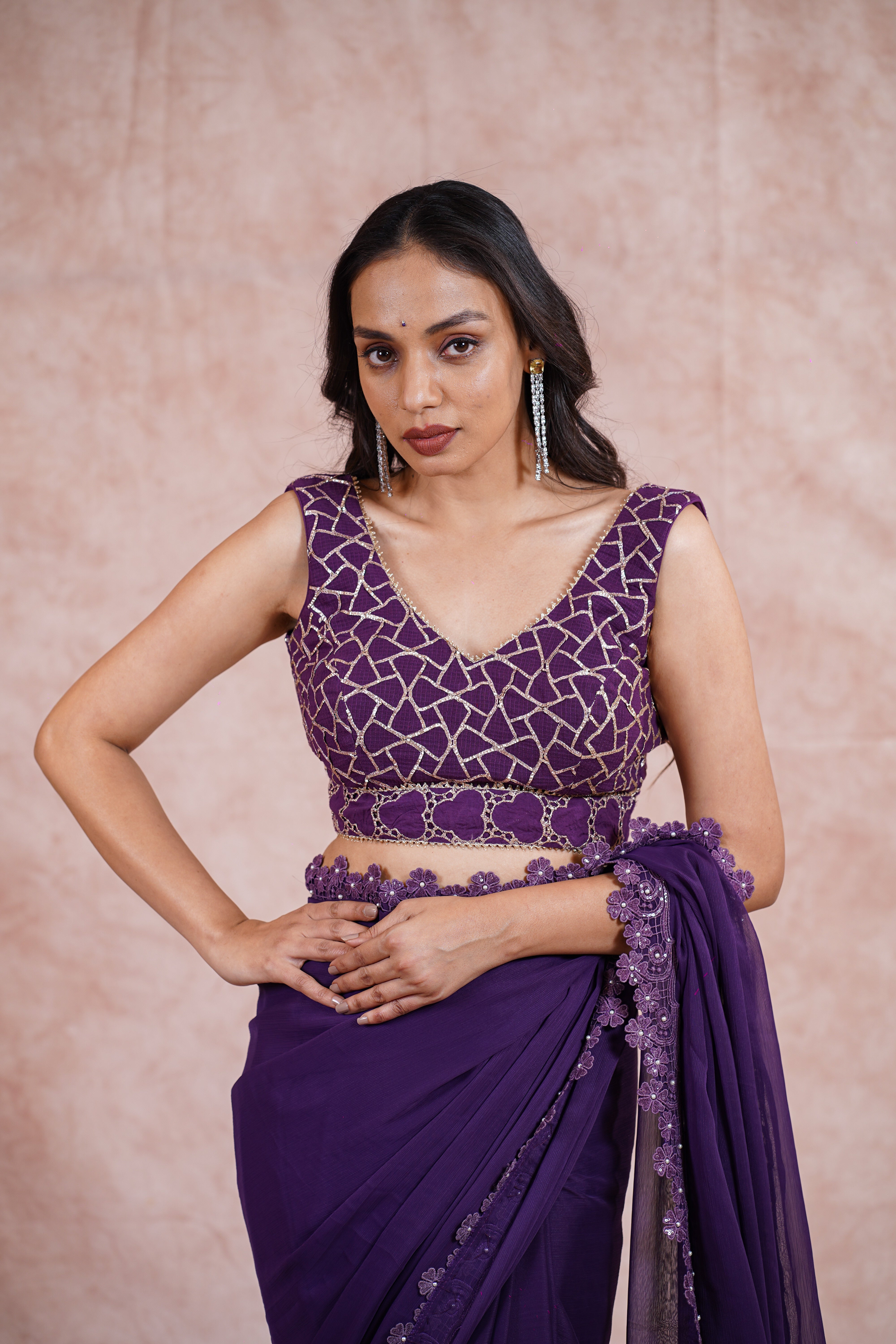 Purple Chiffon saree with blouse