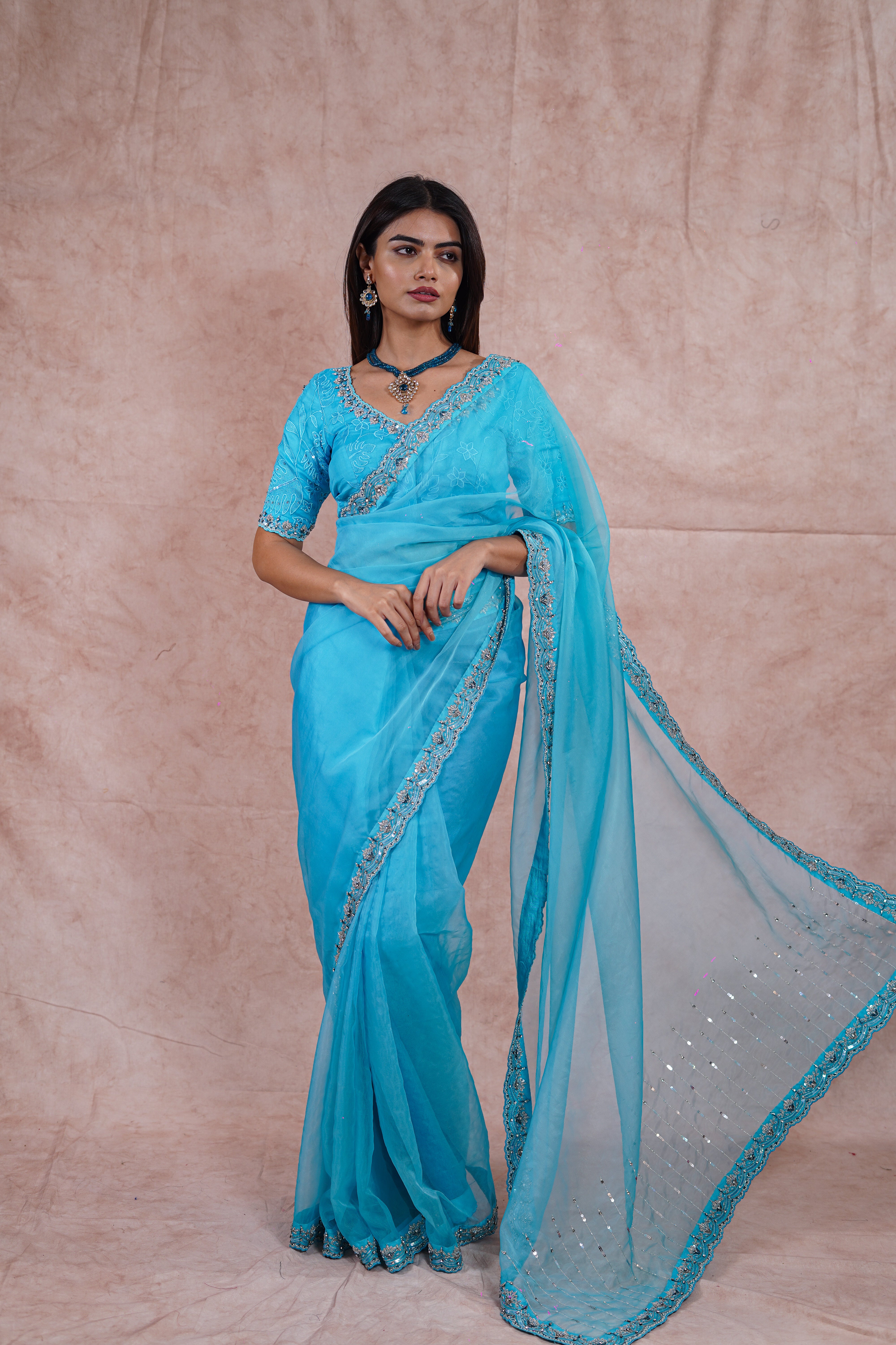 Cyan Blue Silk Organza Saree