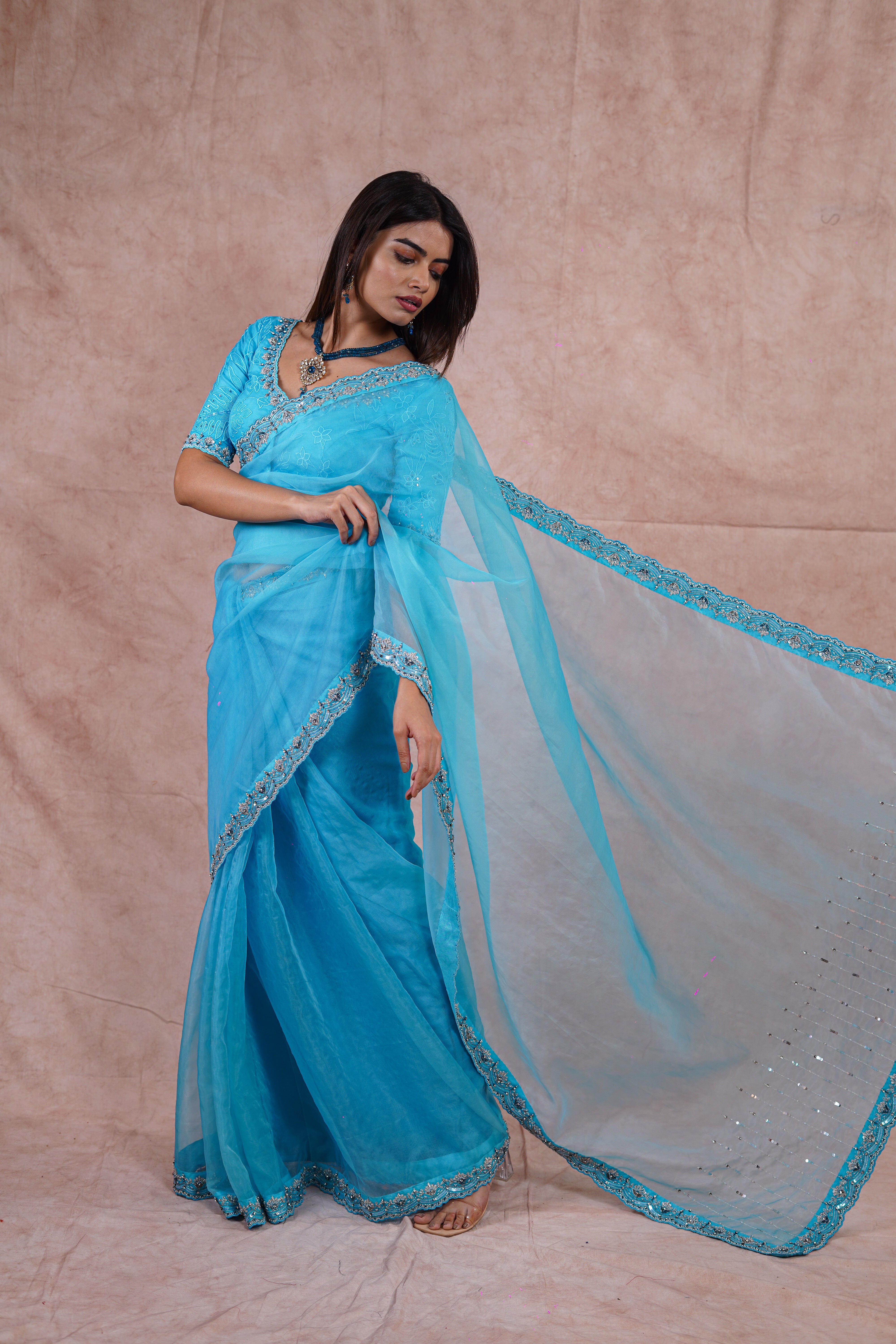 Cyan Blue Silk Organza Saree