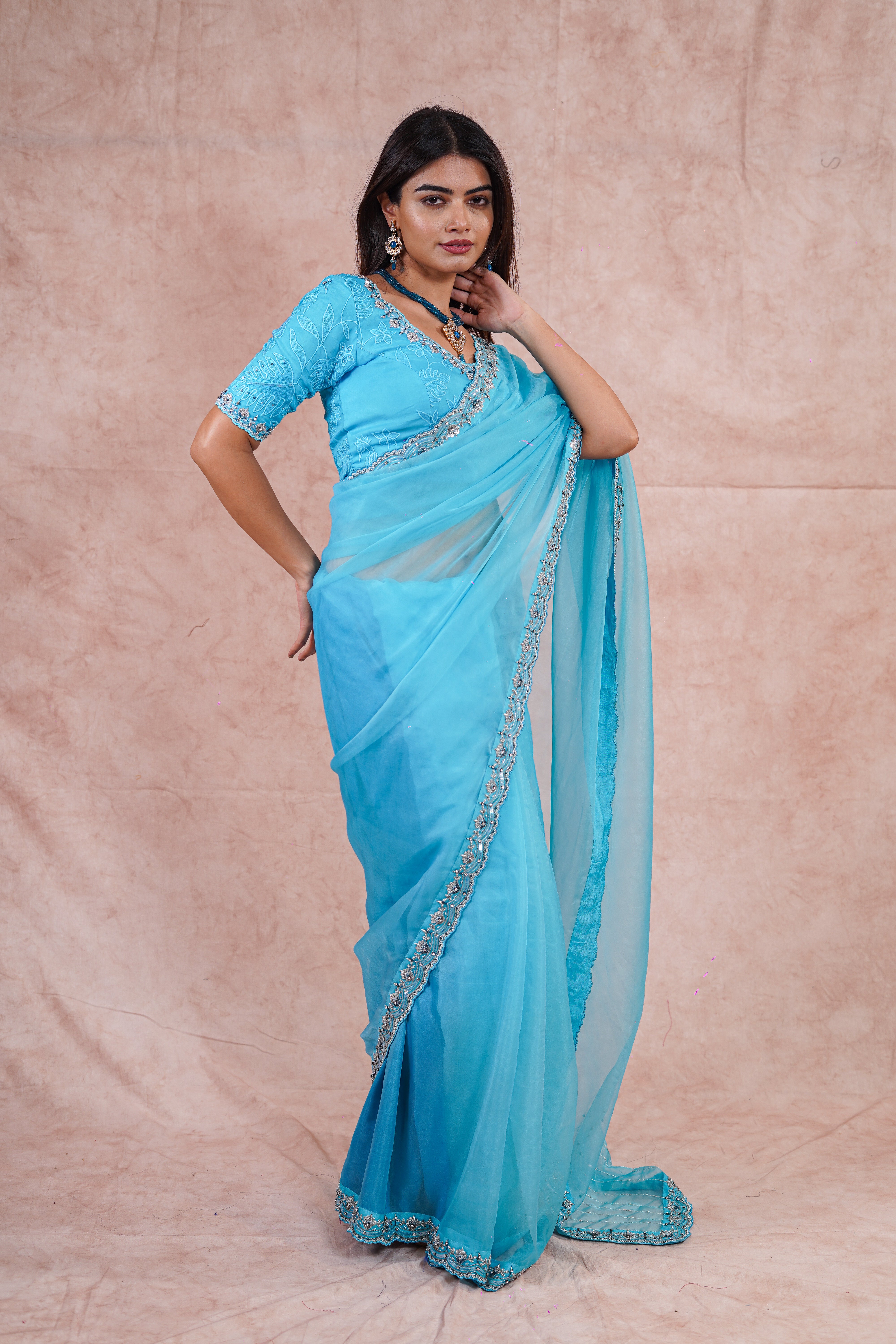 Cyan Blue Silk Organza Saree