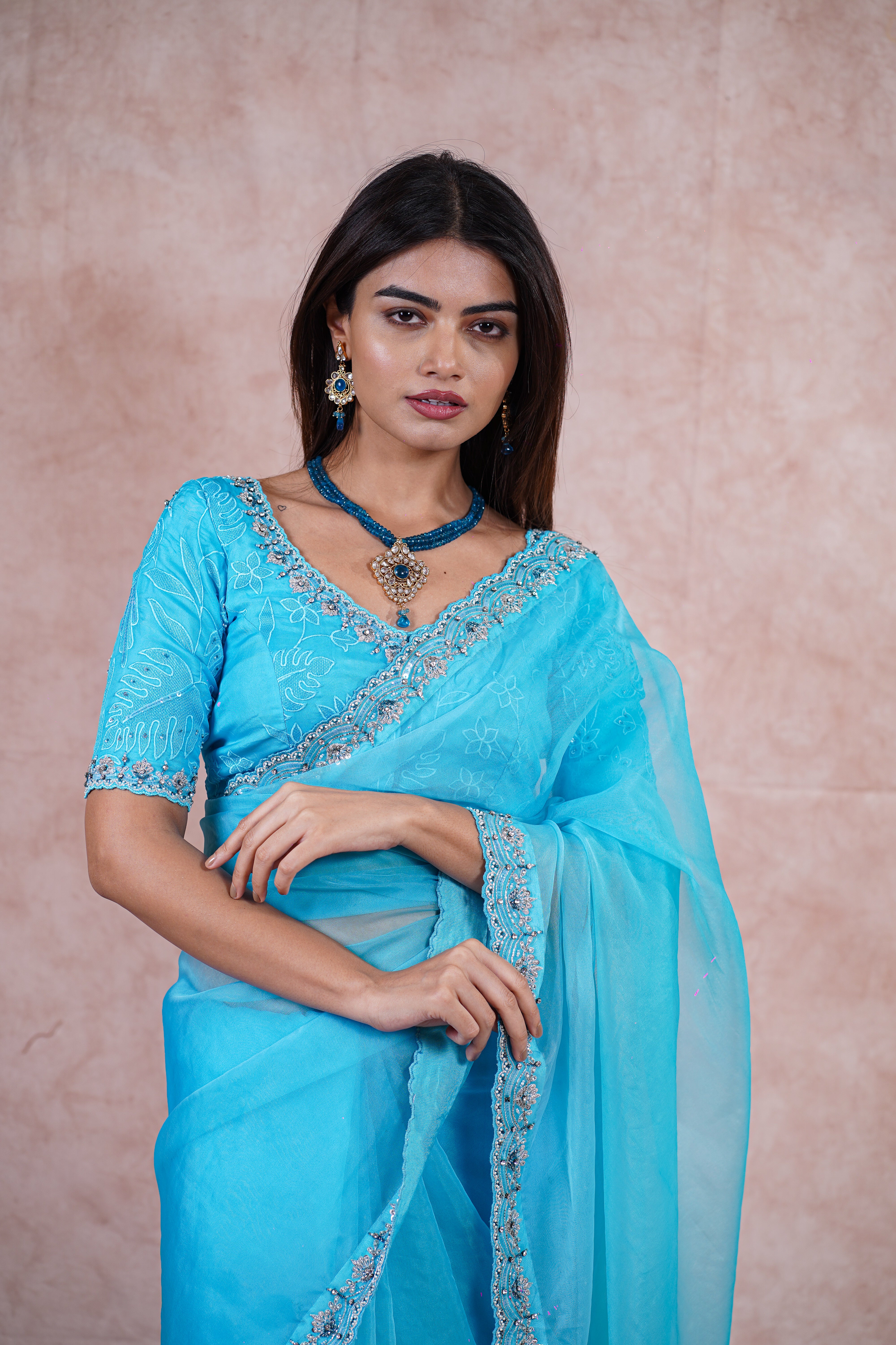 Cyan Blue Silk Organza Saree