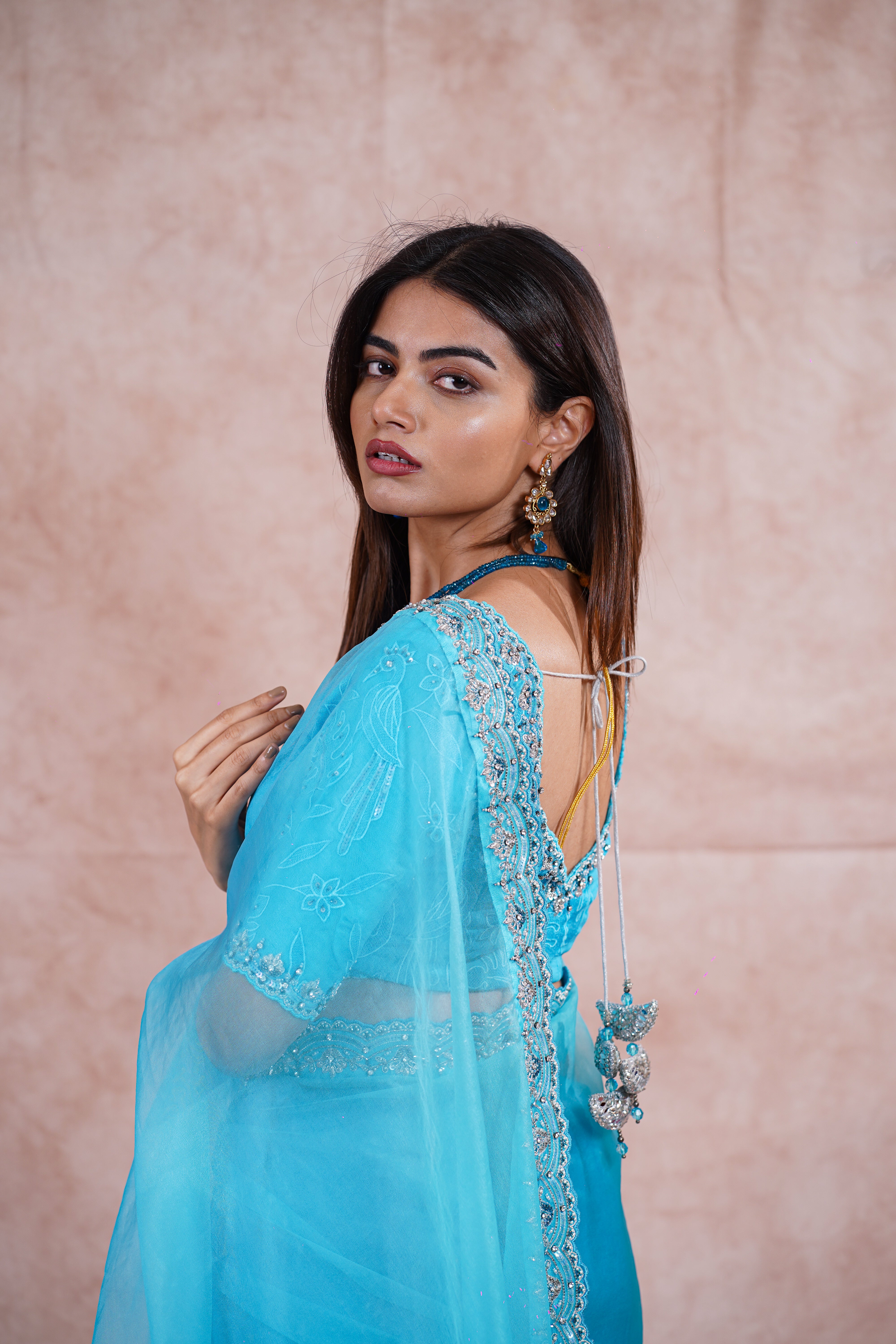 Cyan Blue Silk Organza Saree