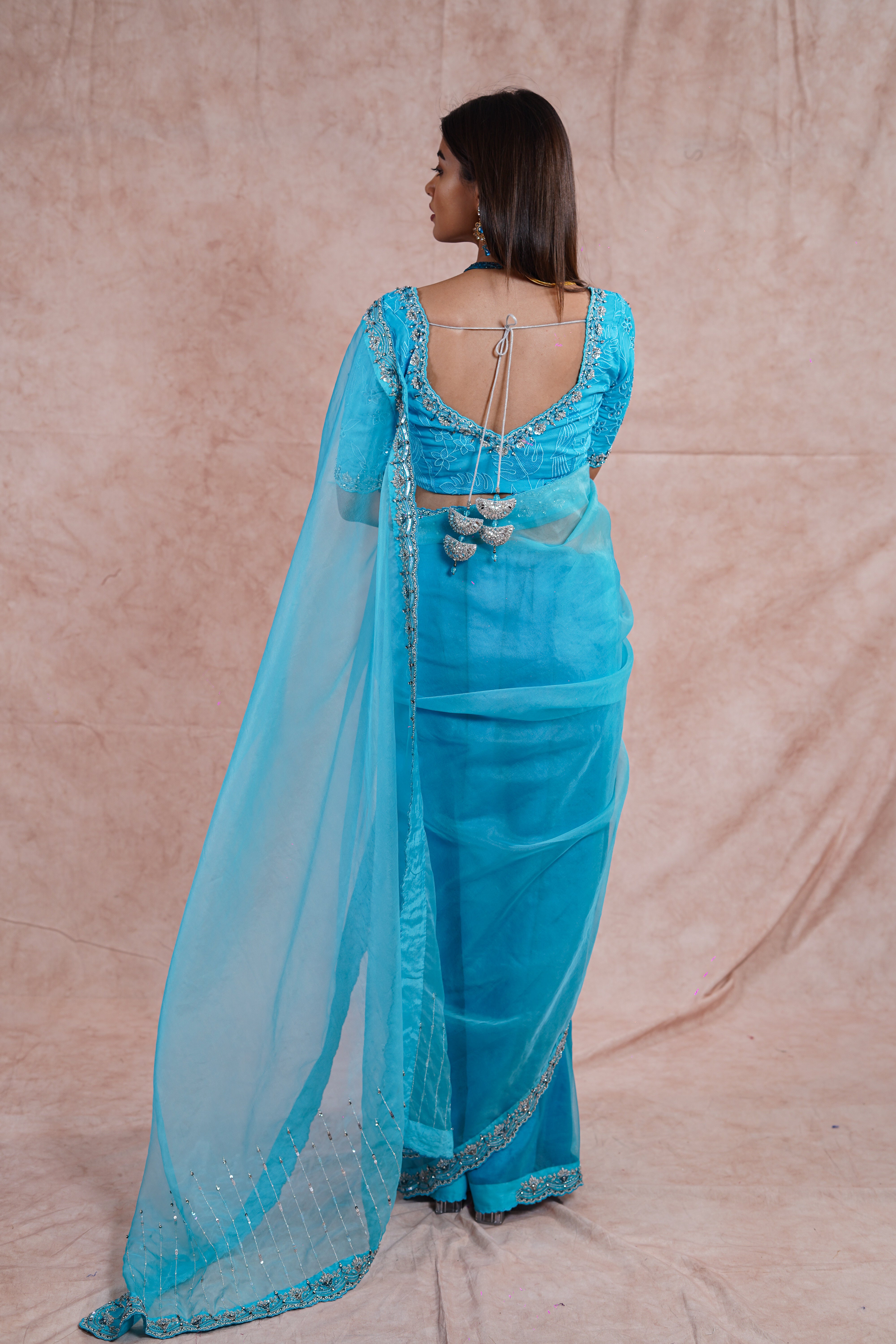 Cyan Blue Silk Organza Saree