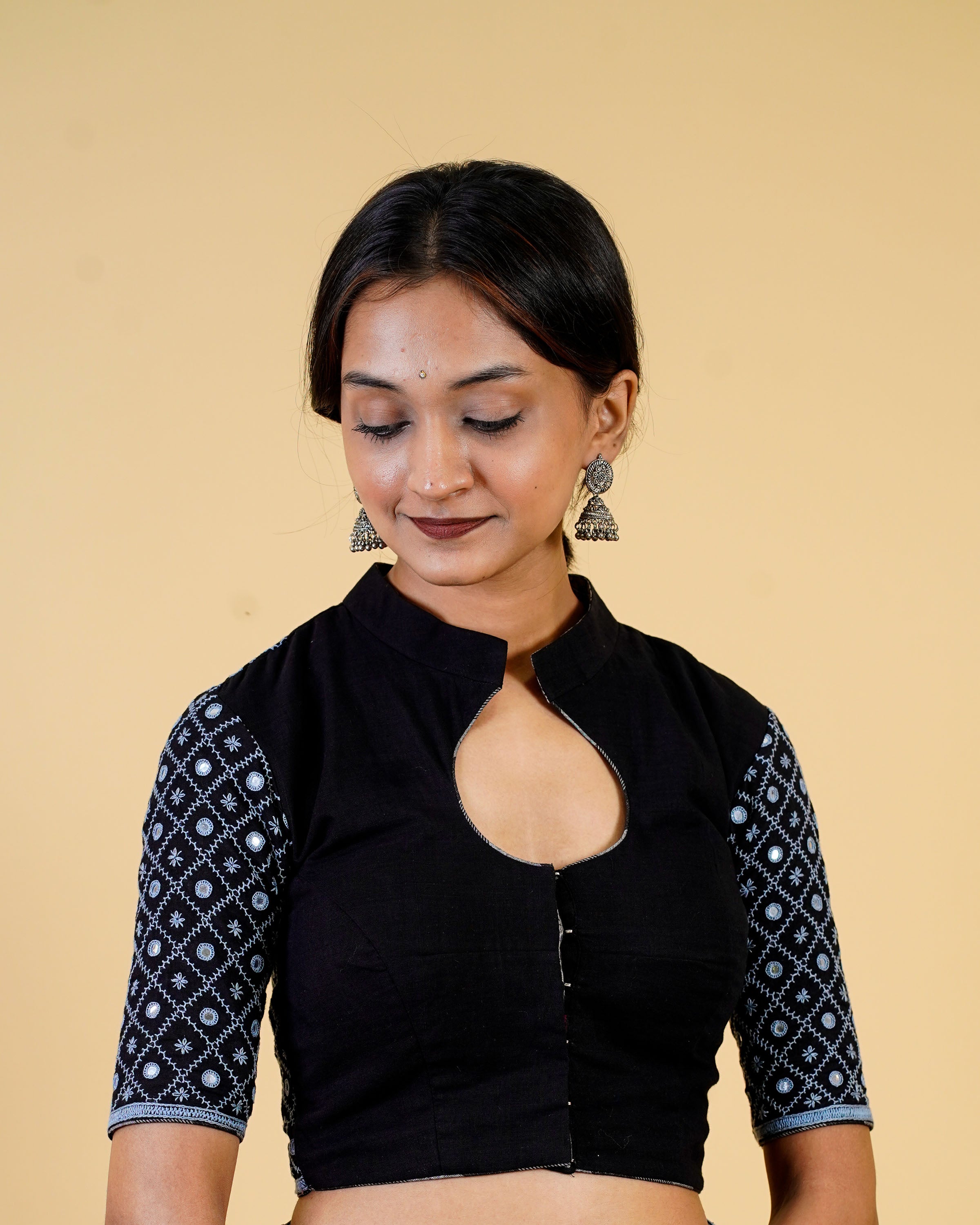 Black Mangalgiri blouse with mirror work