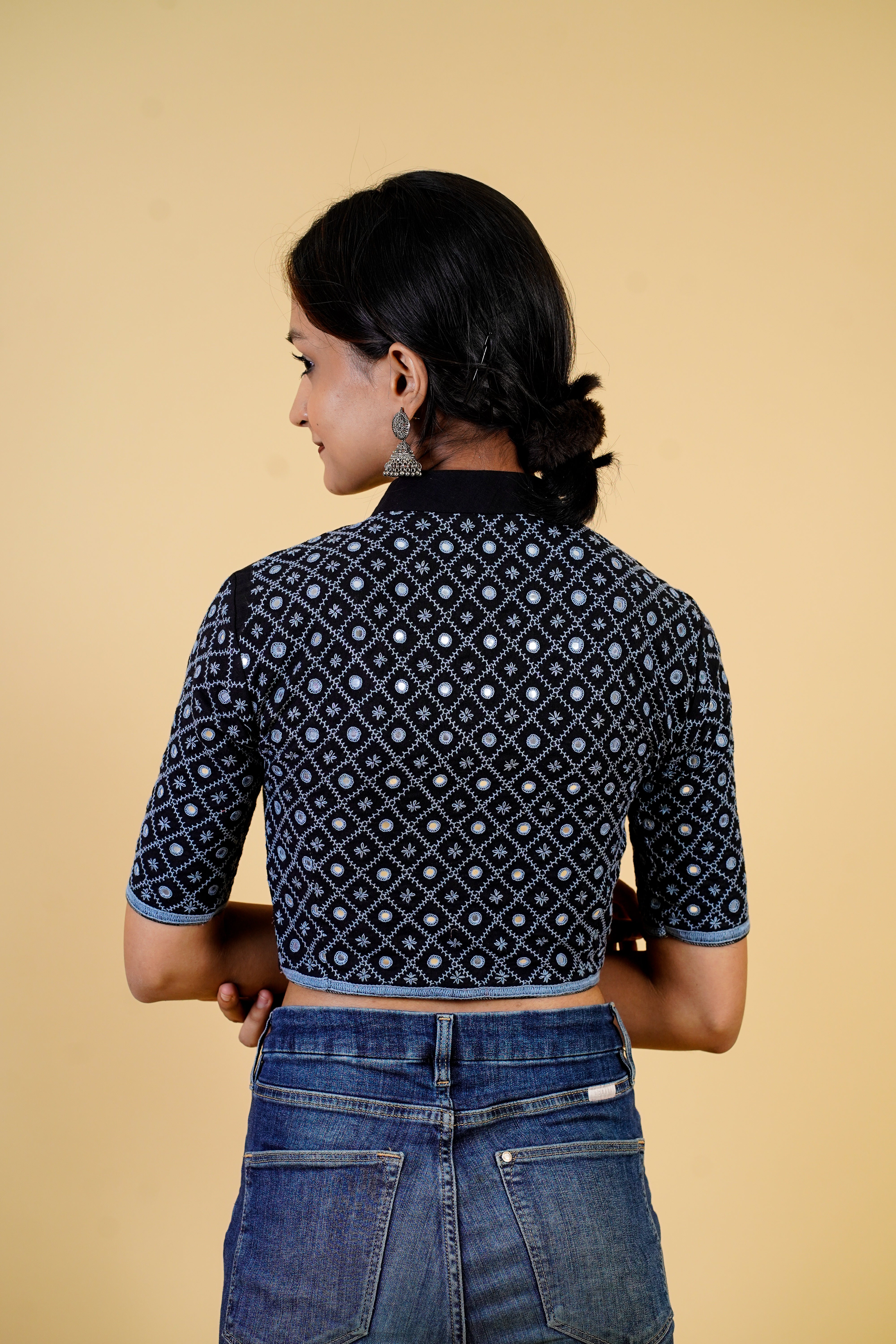 Black Mangalgiri blouse with mirror work