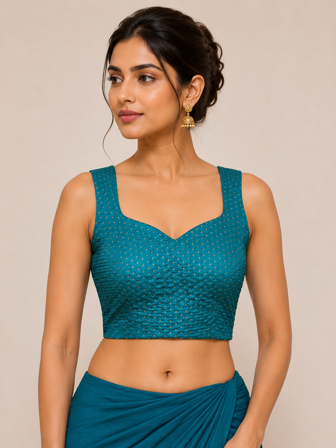 Emerald Green Brocade Sleeveless Blouse with Gold Zari Buttas  with Side Shirring