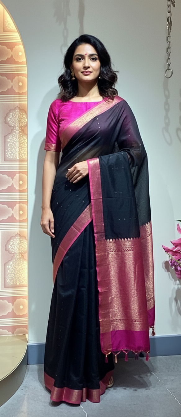 Black Mugha Saree with Wine Pink Border and Sequin Work for wedding and festive wear