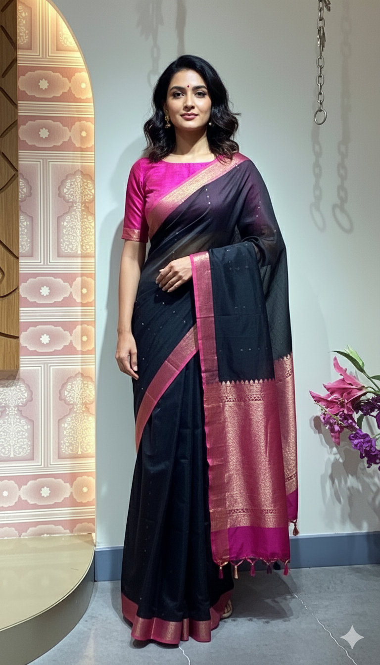 Black Mugha Saree with Wine Pink Border and Sequin Work