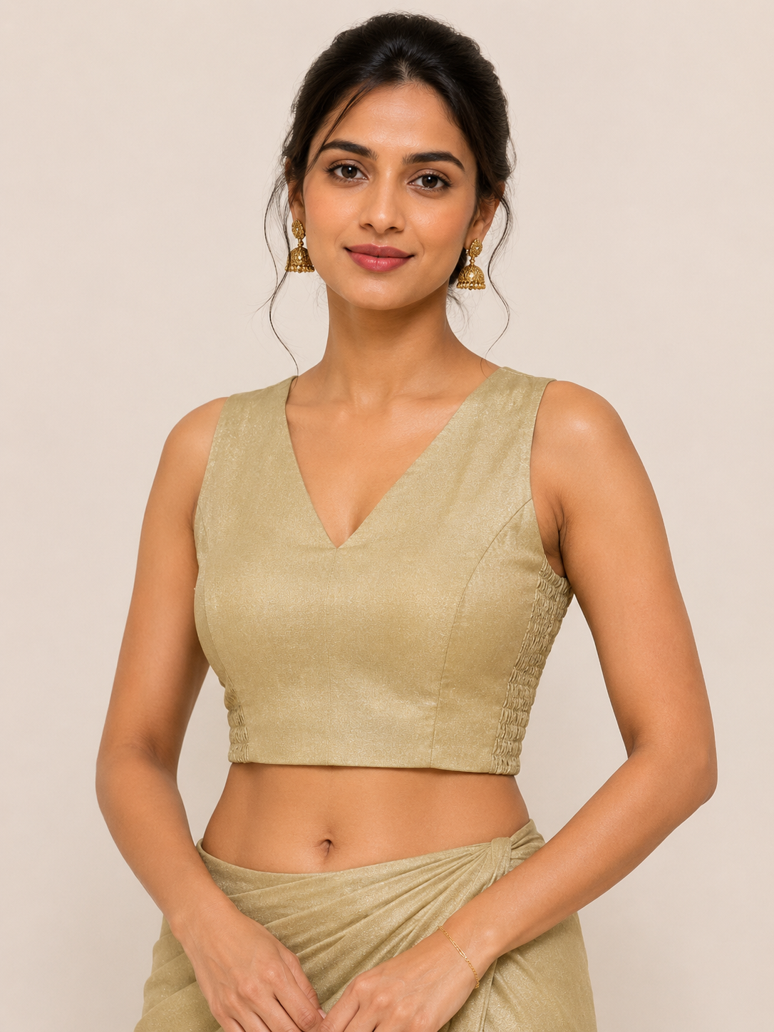 Gold Tissue Sleeveless Blouse with Side Shirring for festive and wedding wear