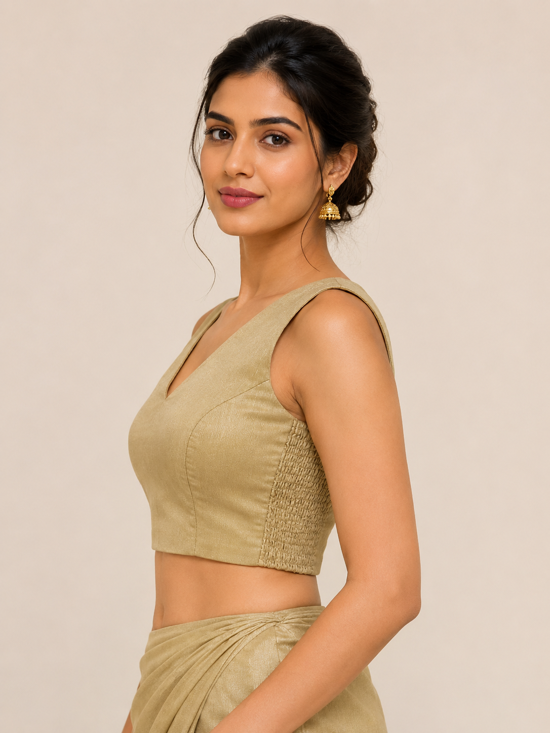 Gold Tissue Sleeveless Blouse with Side Shirring for festive and wedding wear