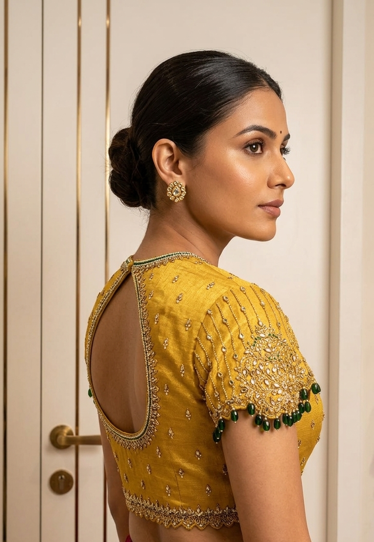 Gold tissue Blouse with kundan work for wedding and festive wear