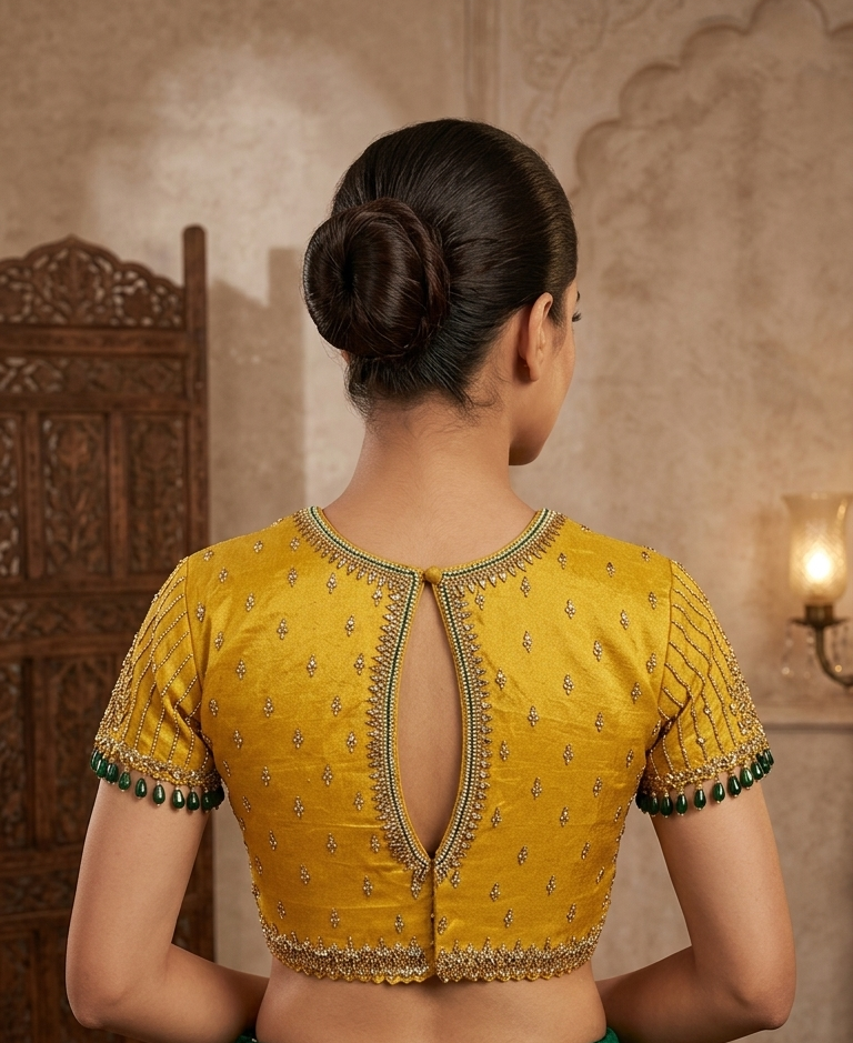 Gold tissue Blouse with kundan work for wedding and festive wear